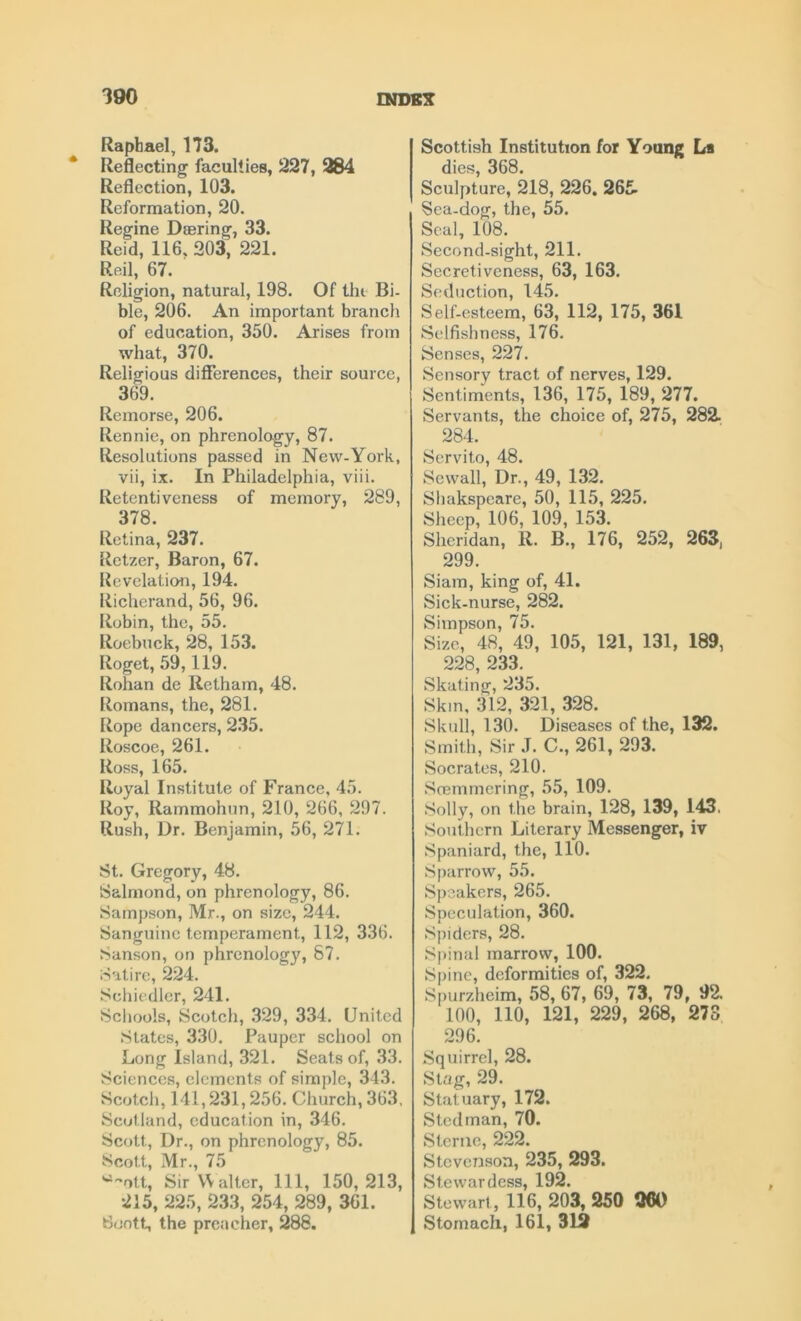 Raphael, 173. Reflecting faculties, 227, 284 Reflection, 103. Reformation, 20. Regine Daering, 33. Reid, 116, 203, 221. Rail, 67. Religion, natural, 198. Of thi Bi- ble, 206. An important branch of education, 350. Arises from what, 370. Religious differences, their source, 369. Remorse, 206. Rennie, on phrenology, 87. Resolutions passed in New-York, vii, ix. In Philadelphia, viii. Retentiveness of memory, 289, 378. Retina, 237. Rctzer, Baron, 67. Revelation, 194. Richerand, 56, 96. Robin, the, 55. Roebuck, 28, 153. Roget, 59,119. Rohan de Retham, 48. Romans, the, 281. Rope dancers, 235. Roscoe, 261. Ross, 165. Royal Institute of France, 45. Roy, Rammohun, 210, 266, 297. Rush, Dr. Benjamin, 56, 271. St. Gregory, 48. Salmond, on phrenology, 86. Sampson, Mr., on size, 244. Sanguine temperament, 112, 336. Sanson, on phrenology, 87. Satire, 224. Sehiedler, 241. Schools, Scotch, 329, 334. United States, 330. Pauper school on Long Island, 321. Seats of, 33. Sciences, elements of simple, 343. Scotch, 141,231,256. Church, 363, Scotland, education in, 346. Scott, Dr., on phrenology, 85. Scott, Mr., 75 w~ott, Sir Walter, 111, 150,213, 215, 225, 233, 254, 289, 361. Scott, the preacher, 288. Scottish Institution for Young La dies, 368. Sculpture, 218, 226. 265- Sea-dog, the, 55. Seal, 108. Second-sight, 211. Secretiveness, 63, 163. Seduction, 145. Self-esteem, 63, 112, 175, 361 Selfishness, 176. Senses, 227. Sensory tract of nerves, 129. Sentiments, 136, 175, 189, 277. Servants, the choice of, 275, 282. 284. Servito, 48. Sewall, Dr., 49, 132. Shakspeare, 50, 115, 225. Sheep, 106, 109, 153. Sheridan, R. B., 176, 252, 263, 299. Siam, king of, 41. Sick-nurse, 282. Simpson, 75. Size, 48, 49, 105, 121, 131, 189, 228, 233. Skating, 235. Skin, 312, 321, 328. Skull, 130. Diseases of the, 132. Smith, Sir J. C., 261, 293. Socrates, 210. Soemmering, 55, 109. Solly, on the brain, 128, 139, 143. Southern Literary Messenger, iv Spaniard, the, 110. Sparrow, 55. Speakers, 265. Speculation, 360. Spiders, 28. Spinal marrow, 100. Spine, deformities of, 322. Spurzheim, 58, 67, 69, 73, 79, 92. 100, 110, 121, 229, 268, 273 296. Squirrel, 28. Stag, 29. Statuary, 172. Stedman, 70. Sterne, 222. Stevenson, 235, 293. Stewardess, 192. Stewart, 116, 203, 250 260 Stomach, 161, 312