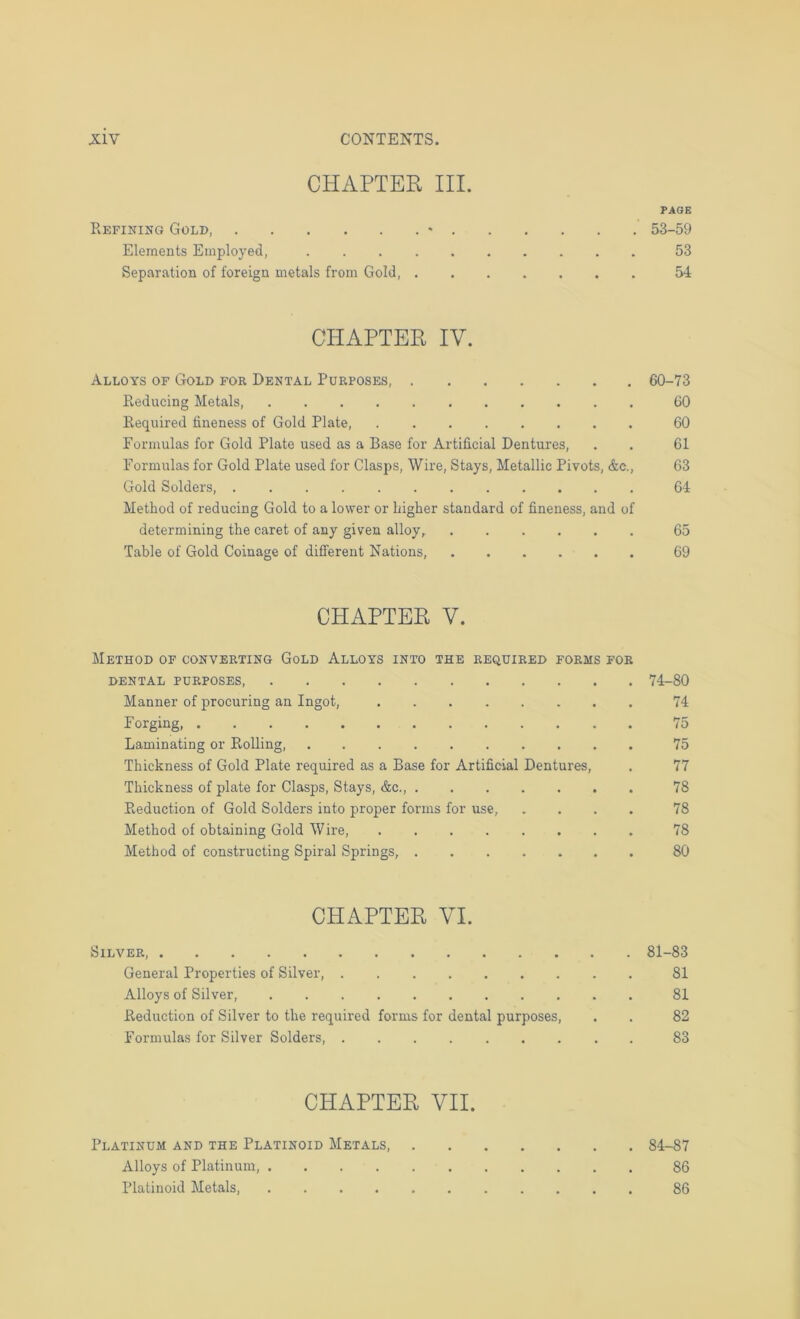 CHAPTER III. PAGE Refining Gold ' 53-59 Elements Employed, 53 Separation of foreign metals from Gold, 54 CHAPTER IV. Alloys of Gold for Dental Purposes 60-73 Reducing Metals, 60 Required fineness of Gold Plate, 60 Formulas for Gold Plate used as a Base for Artificial Dentures, . . 61 Formulas for Gold Plate used for Clasps, Wire, Stays, Metallic Pivots, &c., 63 Gold Solders 64 Method of reducing Gold to a lower or higher standard of fineness, and of determining the caret of any given alloy^ 65 Table of Gold Coinage of different Nations, 69 CHAPTER V. Method of converting Gold Alloys into the required forms for DENTAL purposes 74-80 Manner of procuring an Ingot, 74 Forging, 75 Laminating or Rolling, 75 Thickness of Gold Plate required as a Base for Artificial Dentures, . 77 Thickness of plate for Clasps, Stays, &c., 78 Reduction of Gold Solders into proper forms for use, .... 78 Method of obtaining Gold Wire, 78 Method of constructing Spiral Springs, 80 CHAPTER VI. Silver, 81-83 General Properties of Silver, 81 Alloys of Silver, 81 Reduction of Silver to the required forms for dental purposes, . . 82 Formulas for Silver Soldei's, 83 CHAPTER VII. Platinum and the Platinoid Metals, 84-87 Alloys of Platinum, 86 Platinoid Metals, 86