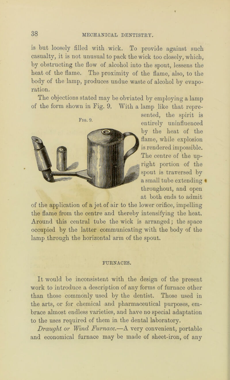 is but loosely filled with wick. To provide against such casualty, it is not unusual to pack the wick too closely, which, by obstructing the flow of alcohol into the spout, lessens the heat of the flame. The proximity of the flame, also, to the body of the lamp, produces undue waste of alcohol by evapo- ration. The objections stated may be obviated by employing a lamp of the form shown in Fig. 9. With a lamp like that repre- sented, the spirit is entirely uninfluenced by the heat of the flame, while explosion is rendered impossible. The centre of the up- right portion of the spout is traversed by a small tube extending % throughout, and open at both ends to admit of the application of a jet of air to the lower orifice, impelling the flame from the centre and thereby intensifying the heat. Around this central tube the wick is arranged; the space occupied by the latter communicating with the body of the lamp through the horizontal arm of the spout. FURNACES. It would be inconsistent with the design of the present work to introduce a description of any forms of furnace other than those commonly used by the dentist. Those used in the arts, or for chemical and pharmaceutical purposes, em- brace almost endless varieties, and have no special adaptation to the uses required of them in the dental laboratory. Draught or Wind Furnace.—A very convenient, portable and economical furnace may be made of sheet-iron, of any