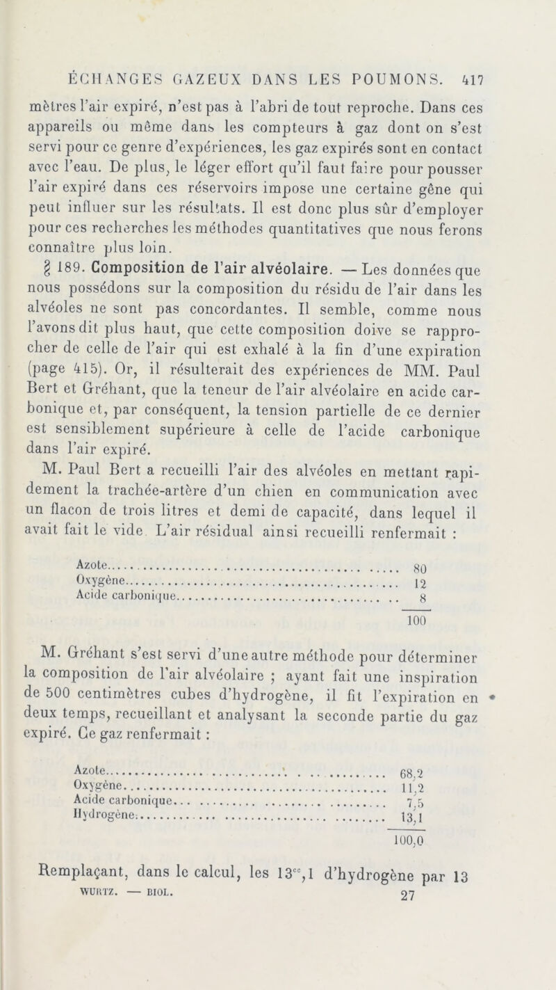 mètres l’air expiré, n’est pas à l’abri de tout reproche. Dans ces appareils ou même dans les compteurs à gaz dont on s’est servi pour ce genre d’expériences, les gaz expirés sont en contact avec l’eau. De plus, le léger effort qu’il faut faire pour pousser l’air expiré dans ces réservoirs impose une certaine gêne qui peut influer sur les résultats. Il est donc plus sûr d’employer pour ces recherches les méthodes quantitatives que nous ferons connaître plus loin. § 189. Composition de l’air alvéolaire. — Les données que nous possédons sur la composition du résidu de l’air dans les alvéoles ne sont pas concordantes. Il semble, comme nous l’avons dit plus haut, que cette composition doive se rappro- cher de celle de l’air qui est exhalé à la fin d’une expiration (page 415). Or, il résulterait des expériences de MM. Paul Bert et Gréhant, que la teneur de l’air alvéolaire en acide car- bonique et, par conséquent, la tension partielle de ce dernier est sensiblement supérieure à celle de l’acide carbonique dans l’air expiré. M. Paul Bert a recueilli l’air des alvéoles en mettant rapi- dement la trachée-artère d’un chien en communication avec un flacon de trois litres et demi de capacité, dans lequel il avait fait le vide L’air résidual ainsi recueilli renfermait : Azote gQ Oxygène ’ 12 Acide carbonique g 100 M. Gréhant s’est servi d’une autre méthode pour déterminer la composition de l’air alvéolaire ; ayant fait une inspiration de 500 centimètres cubes d’hydrogène, il fit l’expiration en deux temps, recueillant et analysant la seconde partie du gaz expiré. Ce gaz renfermait : Az'Ae 58.2 Oxygène 11,2 Acide carbonique 75 Hydrogène; l3Jl 100.0 Remplaçant, dans le calcul, les 13c% 1 d’hydrogène par 13 WURTZ. — BIOL. 27