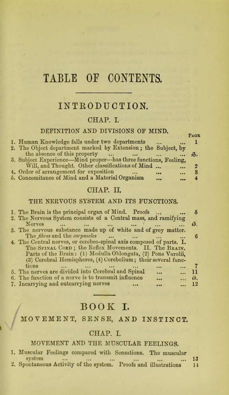 TABLE OF CONTENTS. INTRODUCTION. CHAP. I. DEFINITION AND DIVISIONS OF MIND. Page 1. Human Knowledge falls under two departments ... ... 1 2. The Object department marked by Extension; the Subject, by the absence of this property ... ... ... ... iJ. 3. Subject Experience—Mind proper—has three functions, Feeling, Will, and Thought. Other classifications of Mind ... ... 2 4. Order of arrangement for exposition ... ... ... 3 5. Concomitance of Mind and a Material Organism ... ... 4 CHAP. II. THE NERVOUS SYSTEM AND ITS FUNCTIONS. 1. The Brain is the principal organ of Mind. Proofs ... ... 5 2. The Nervous System consists of a Central mass, and ramifying Nerves ... ... ... ... ' ... ... ib. 3. The nervous substance made up of white and of grey matter. The fibres and the corpuscles ... ... ... ... 6 4. The Central nerves, or cerebro-spinal axis composed of parts. I. The Spinal Cord ; the Reflex Movements. II. The Brain. Parts of the Brain : (1) Medulla Oblongata, (2) Pons Varolii, (3) Cerebral Hemispheres, (4) Cerebellum; their several func- tions ... ... ... ... ... ... 7 5. The nerves are divided into Cerebral and Spinal ... ... 11 6. The function of a nerve is to transmit influence ... ... ib. 7. Incarrying and outcarrying nerves ... ... ... 12 BOOK I. MOVEMENT, SENSE, AND INSTINCT. CHAP. I. MOVEMENT AND THE MUSCULAR FEELINGS. 1. Muscular Feelings compared with Sensations. The muscular system ... ... ... ... ... ... 13 2. Spontaneous Activity of the system. Proofs and illustrations 14