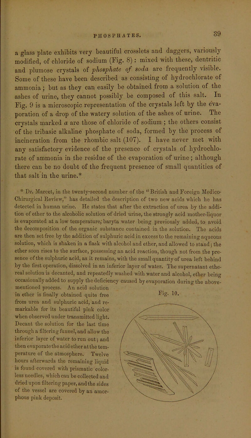 PHOSPHATES. a glass plate exhibits very beautiful crosslets and daggers, variously modified, of chloride of sodium (Fig. 8): mixed with these, dentritic and plumose crystals of phosphate of soda are frequently visible. Some of these have been described as consisting of hydrochlorate of ammonia j but as they can easily be obtained from a solution of the ashes of urine, they cannot possibly be composed of this salt. In Fig. 9 is a microscopic representation of the crystals left by the e'va- pox’ation of a drop of the watery solution of the ashes of urine. The crystals marked a are those of chloride of sodium ; the others consist of the tribasic alkaline phosphate of soda, formed by the process of incineration from the rhombic salt (107). I have never met with any satisfactory evidence of the presence of crystals of hydrochlo- rate of ammonia in the residue of the evaporation of urine ; although there can be no doubt of the frequent presence of small quantities of that salt in the urine.* * Dr. Marcet, in tlie twenty-second number of the “British and Foreign Medico- Chirurgical Review,” has detailed the description of two new acids which he has detected in human urine. He states that after the extraction of urea by the addi- tion of ether to the alcoholic solution of dried urine, the strongly acid mother-liquor is evaporated at a low temperature,'baryta water being previously added, to avoid the decomposition of the organic substance contained in the solution. The acids are then set free by the addition of sulphuric acid in excess to the remaining aqueous solution, which is shaken in a flask with alcohol and ether, and allowed to stand; the ether soon rises to the surface, possessing an acid reaction, though not from the pre- sence of the sulphuric acid, as it remains, with the small quantity of urea left behind by the first operation, dissolved in an inferior layer of water. The supernatant ethe- real solution is decanted, and repeatedly washed with water and alcohol, ether being occasionally added to supply the deficiency caused by evaporation during the above- mentioned process. An acid solution in ether is finally obtained quite free from urea and sulphuric acid, and re- markable for its beautiful pink color when observed under transmitted light. Decant the solution for the last time through a filtering funnel, and allow the inferior layer of water to run out; and then evaporate the acid ether at the tem- perature of the atmosphere. Twelve hours afterwards the remaining liquid is found covered with prismatic color- less needles, which can be collected and dried upon filtering paper, and the sides of the vessel are covered by an amor- phous pink deposit. Fig. 10.