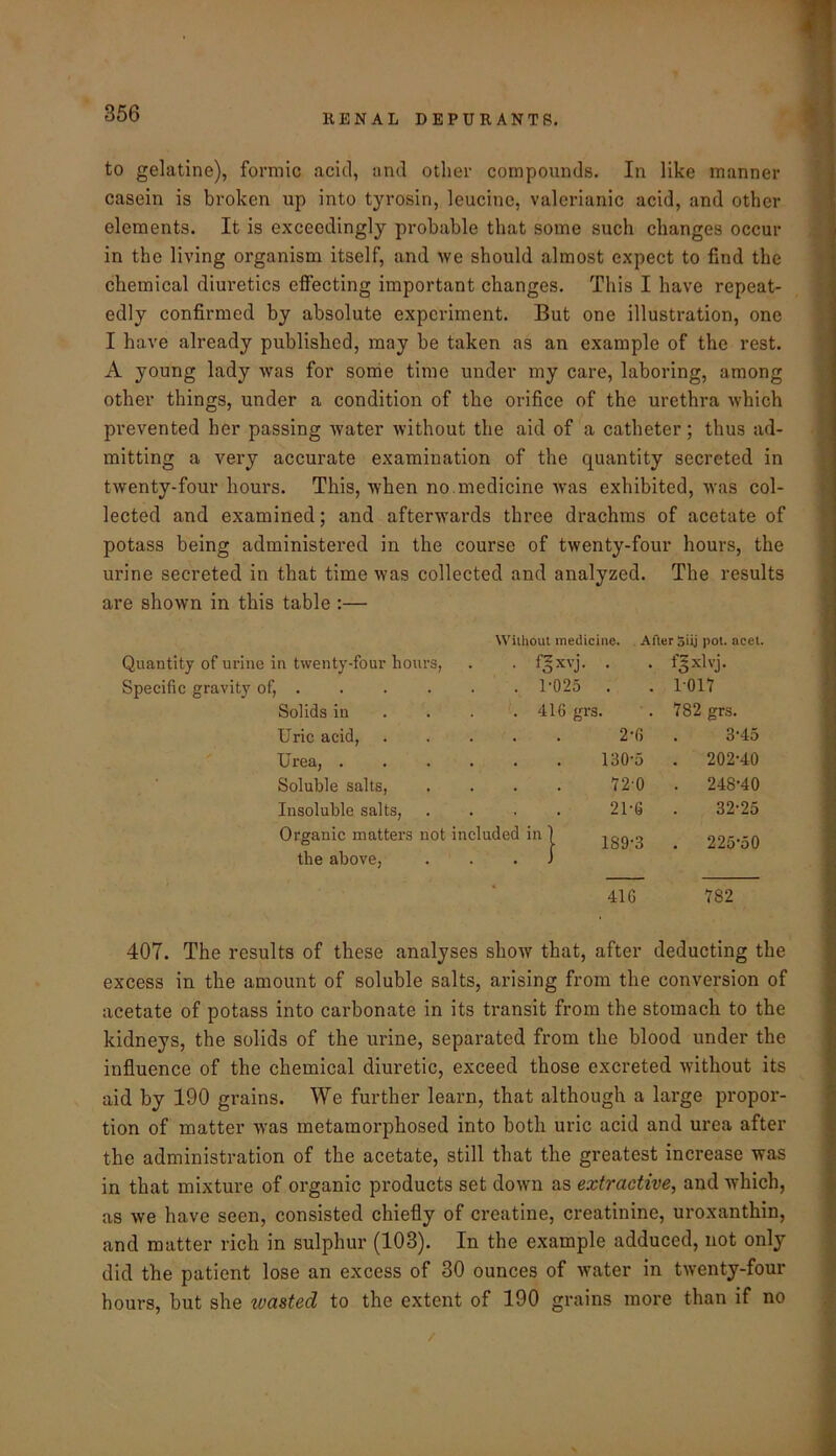 llENAL DEPURANTR. to gelatine), formic acid, and other compounds. In like manner casein is broken up into tyrosin, leucine, valerianic acid, and other elements. It is exceedingly probable that some such changes occur in the living organism itself, and we should almost expect to find the chemical diuretics effecting important changes. This I have repeat- edly confirmed by absolute experiment. But one illustration, one I have already published, may be taken as an example of the rest. A young lady was for some time under my care, laboring, among other things, under a condition of the orifice of the urethra which prevented her passing water without the aid of a catheter; thus ad- mitting a very accurate examination of the quantity secreted in twenty-four hours. This, when no.medicine was exhibited, was col- lected and examined; and afterwards three drachms of acetate of potass being administered in the course of twenty-four hours, the urine secreted in that time was collected and analyzed. The results are shown in this table :— Quantity of urine in twenty-four hours, Specific gravity of, . Solids in Uric acid, Urea, . Soluble salts, Insoluble salts. Organic matters not the above. 407. The results of these analyses show that, after deducting the excess in the amount of soluble salts, arising from the conversion of acetate of potass into carbonate in its transit from the stomach to the kidneys, the solids of the urine, separated from the blood under the influence of the chemical diuretic, exceed those excreted without its aid by 190 grains. We further learn, that although a large propor- tion of matter was metamorphosed into both uric acid and urea after the administration of the acetate, still that the greatest increase was in that mixture of organic products set down as extractive, and which, as we have seen, consisted chiefly of creatine, creatinine, uroxanthin, and matter rich in sulphur (103). In the example adduced, not only did the patient lose an excess of 30 ounces of water in twenty-four hours, but she wasted to the extent of 190 grains more than if no Without medicine. After Siij pot. acet. • fgxvj. . fgxb’j. . 1-025 . 1-017 . 416 grs. 782 grs. 2-6 3-45 130-5 . 202-40 720 . 248-40 21-6 32-25 included in | 189-3 . 225-50 416 782 /