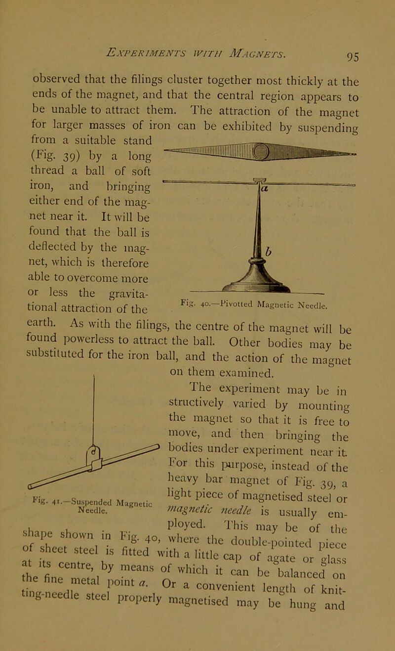 observed that the filings cluster together most thickly at the ends of the magnet, and that the central region appears to be unable to attract them. The attraction of the magnet for larger masses of iron can be exhibited from a suitable stand by suspending Pivotted Magnetic Needle. (Fig- 39) by a long thread a ball of soft iron, and bringing either end of the mag- net near it. It will be found that the ball is deflected by the mag- net, which is therefore able to overcome more or less the gravita- tional attraction of the earth. As with the filings, the centre of the magnet will be found powerless to attract the ball. Other bodies may be substituted for the iron ball, and the action of the magnet on them examined. The experiment may be in structively varied by mounting the magnet so that it is free to move, and then bringing the bodies under experiment near it. For this purpose, instead of the heavy bar magnet of Fig. 39, a light piece of magnetised steel or magnetic needle is usually em- , . . ployed. This may be of the • ape shown in Fig. 40, where the double-pointed piece of sheet steel is fitted with a little cap of agate or Tss ^he fineentr!’1 7 °f which k can be balanced on metal point a. Or a convenient length of knit g-needle steel properly magnetised may be hung and