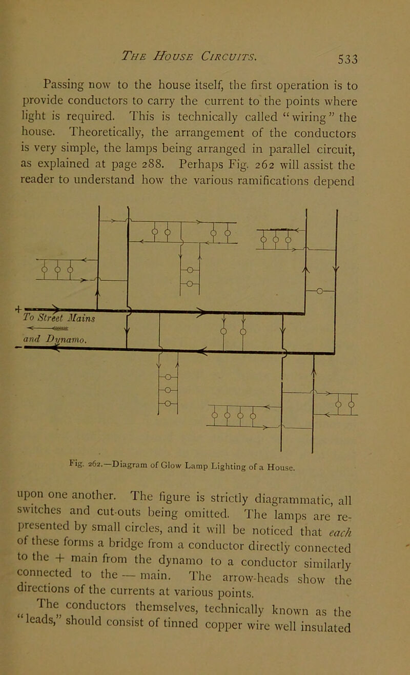 The House Circuits. Passing now to the house itself, the first operation is to provide conductors to carry the current to the points where light is required. This is technically called “ wiring ” the house. Theoretically, the arrangement of the conductors is very simple, the lamps being arranged in parallel circuit, as explained at page 288. Perhaps Fig. 262 will assist the reader to understand how the various ramifications depend upon one another. The figure is strictly diagrammatic, all switches and cut-outs being omitted. The lamps are re- presented by small circles, and it will be noticed that each of these forms a bridge from a conductor directly connected to the + main from the dynamo to a conductor similarly connected to the — main. The arrow-heads show the directions of the currents at various points. «i Th^ conductors themselves, technically known as the leads, should consist of tinned copper wire well insulated