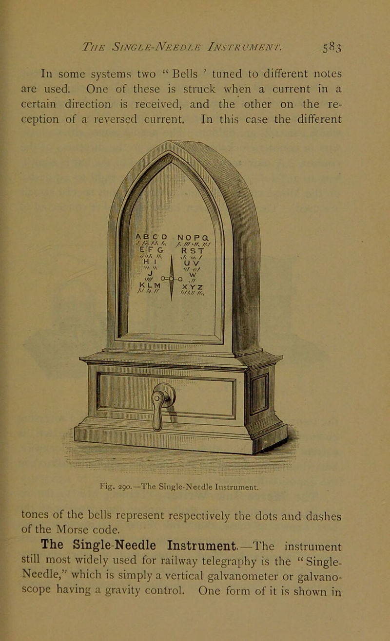 In some systems two “ Bells ’ tuned to different notes are used. One of these is struck when a current in a certain direction is received, and the other on the re- ception of a reversed current. In this case the different Fig. 290.—The Single-Needle Instrument. tones of the bells represent respectively the dots and dashes of the Morse code. The Single Needle Instrument.—The instrument still most widely used for railway telegraphy is the “ Single- Needle,1' which is simply a vertical galvanometer or galvano- scope having a gravity control. One form of it is shown in