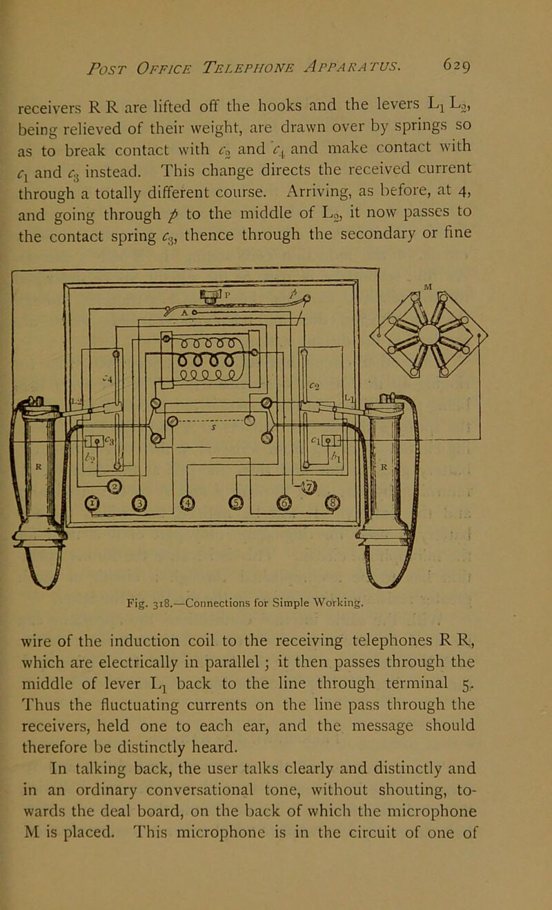 receivers R R are lifted off the hooks and the levers L: L3, being relieved of their weight, are drawn over by springs so as to break contact with and c4 and make contact with and cA instead. This change directs the received current through a totally different course. Arriving, as before, at 4, and going through p to the middle of L2, it now passes to the contact spring c.A, thence through the secondary or fine wire of the induction coil to the receiving telephones R R, which are electrically in parallel; it then passes through the middle of lever In back to the line through terminal 5. Thus the fluctuating currents on the line pass through the receivers, held one to each ear, and the message should therefore be distinctly heard. In talking back, the user talks clearly and distinctly and in an ordinary conversational tone, without shouting, to- wards the deal board, on the back of which the microphone M is placed. This microphone is in the circuit of one of