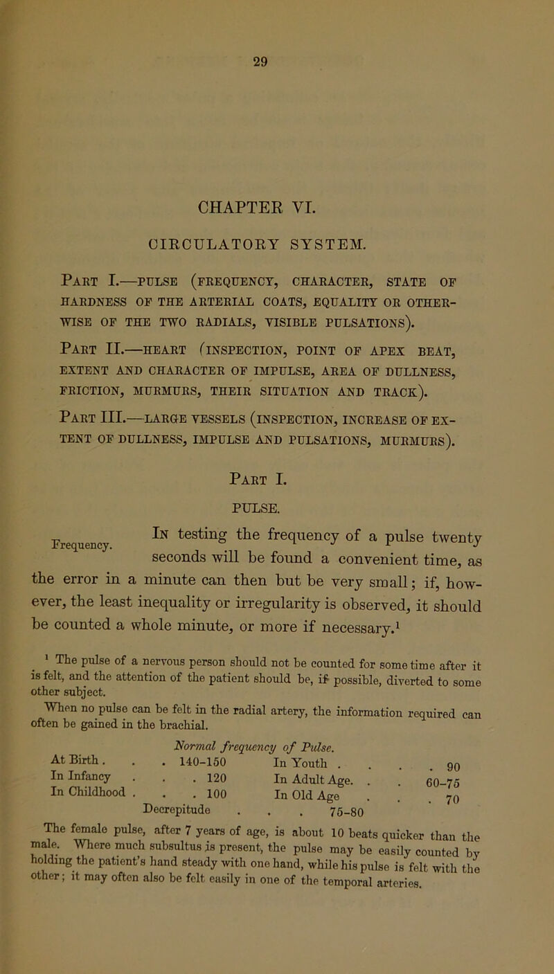 CHAPTER VI. CIRCULATORY SYSTEM. Part I.—pulse (frequency, character, state of HARDNESS OF THE ARTERIAL COATS, EQUALITY OR OTHER- WISE OF THE TWO RADIALS, VISIBLE PULSATIONS). Part II.—heart ( inspection, point of apex beat, EXTENT AND CHARACTER OF IMPULSE, AREA OF DULLNESS, FRICTION, MURMURS, THEIR SITUATION AND TRACK). Part III.—large vessels (inspection, increase of ex- tent OF DULLNESS, IMPULSE AND PULSATIONS, MURMURS). Part I. PULSE. Frequency In testing tlae frequency of a pulse twenty seconds will be found a convenient time, as the error in a minute can then but be very small; if, how- ever, the least inequality or irregularity is observed, it should be counted a whole minute, or more if necessary.1 1 The pulse of a nervous person should not be counted for sometime after it is felt, and the attention of the patient should be, if possible, diverted to some other subject. When no pulse can be felt in the radial artery, the information required can often be gained in the brachial. Nor vial frequency of Pulse. At Birth. . . 140-150 In Youth .... go In Infancy . . .120 In Adult Age. . . 60-75 In Childhood . . .100 In Old Age 70 Decrepitude . . , 75-80 The female pulse, after 7 years of age, is about 10 beats quicker than the male. Where much subsultus is present, the pulse may be easily counted by holding the patient’s hand steady with one hand, while his pulse is felt with the other; it may often also be felt easily in one of the temporal arteries.