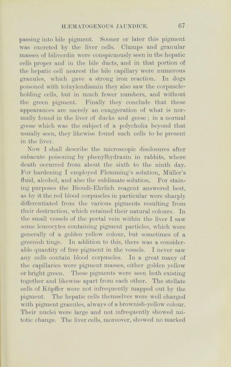 passing into bile pigment. Sooner or later this pigment was excreted by the liver cells. Clumps and granular masses of biliverdin were conspicuously seen in the hepatic cells proper and in the bile ducts, and in that portion of the hepatic cell nearest the bile capillary were numerous granules, which gave a strong iron reaction. In dogs poisoned with toluylendiamin they also saw the corpuscle- holding cells, but in much fewer numbers, and without the green pigment. Finally they conclude that these appearances are merely an exaggeration of what is nor- mally found in the liver of ducks and geese; in a normal goose which was the subject of a polycholia beyond that usually seen, they likewise found such cells to be present in the liver. Now I shall describe the microscopic disclosures after subacute poisoning by phenylhydrazin in rabbits, where death occurred from about the sixth to the ninth day. For hardening I employed Flemming’s solution, Muller’s fluid, alcohol, and also the sublimate solution. For stain- ing purposes the Biondi-Ehrlich reagent answered best, as by it the red blood corpuscles in particular were sharply differentiated from the various pigments resulting from their destruction, which retained their natural colours. In the small vessels of the portal vein within the liver I saw some leucocytes containing pigment particles, which were generally of a golden yellow colour, but sometimes of a greenish tinge. In addition to this, there was a consider- able quantity of free pigment in the vessels. I never saw any cells contain blood corpuscles. In a great many of the capillaries were pigment masses, either golden yellow or bright green. These pigments were seen both existing together and likewise apart from each other. The stellate cells of Kupffer were not infrequently mapped out by the pigment. The hepatic cells themselves were well charged with pigment granules, always of a brownish-yellow colour. Their nuclei were large and not infrequently showed mi- totic change. The liver cells, moreover, showed no marked