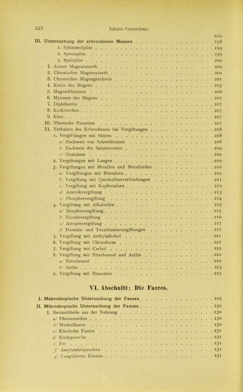 III. Untersuchung der erbrochenen Massen 1. Schimmelpilze 2. Sprosspilze 3. Spaltpilze 1. Acuter Magencatarrh 2. Chronischer Magencatarrh 3. Chronisches Magengeschwür 4. Ivrebs des Magens 5. Magendilatation 6. Mycosen des Magens 7. Diphtheritis 8. Kothbrechen 9. Eiter 10. Thierische' Parasiten 11. Verhalten des Erbrochenen bei Vergiftungen . . . . 1. Vergiftungen mit Säuren a) Nachweis von Schwefelsäure b) Nachweis der .Salpetersäure c) Oxalsäure 2. Vergiftungen mit Laugen 3. Vergiftungen mit Metallen und Metalloiden . . . a) Vergiftungen mit Bleisalzen b) Vergiftung mit Quecksilberverbindungen . . . cj Vergiftung mit Kupfersalzen d) Arsenikvergiftung e) Phosphorvergiftung 4. Vergiftung mit Alkaloiden . . .... . . . a) Morphinvergiftung b) Nicotinvergiftung c) Atropinvergiftung d) Ptomain- und Toxalbuminvergiftungen . . . . 5. Vergiftung mit Aethylalkohol 6. Vergiftung mit Chloroform 7. Vergiftung mit Carbol 8. Vergiftung mit Nitrobenzol und Anilin aj Nitrobenzol b) Anilin 9. Vergiftung mit Blausäure VI. Abschnitt: Die Faeces. I. Makroskopische Untersuchung der Faeces II. Mikroskopische Untersuchung der Faeces 1. Bestandtheile aus der Nahrung a) Pflanzenzellen b) Muskelfasern c) Elastische Fasern d) Bindegewebe e) Fett f) Amylumkürperchen g) Coaguliertes Eiweiss Seite 198 199 199 200 200 200 201 203 206 207 207 207 207 207 208 208 208 209 209 209 210 210 21 I 212 213 214 215 215 21b 217 217 221 221 222 222 222 223 223 225 230 230 230 230 231 231 231 23I 231