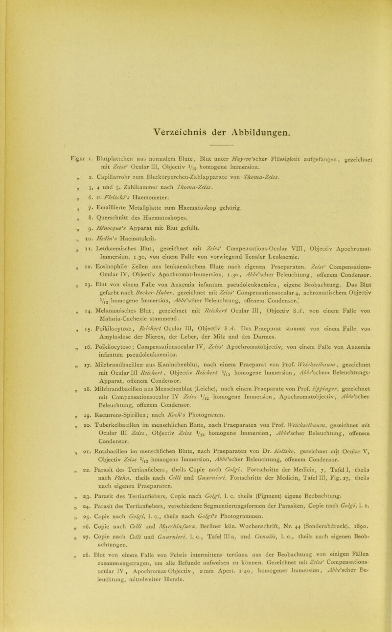 Verzeichnis der Abbildungen. r i. Blutplättchen aus normalem Blute, Blut unter Hayemlscher Flüssigkeit aufgefangen, gezeichnet mit Zeiss’ Ocular III, Objectiv !/12 homogene Immersion. 2. Capillarrohr zum Blutkörperchen-Zählapparate von Thoma-Zeiss. 3, 4 und 5. Zahlkammer nach Thoma-Zeiss. 6. v. Fleischl’s Haemometer. 7. Emaillierte Metallplatte zum Haematoskop gehörig. 8. Querschnitt des Haematoskopes. 9. Henocque’s Apparat mit Blut gefüllt. 10. Hedin’s Haematokrit. 11. Leukaemisches Blut, gezeichnet mit Zeiss’ Compensations-Ocular VIII, Objectiv Apochromat- Immersion, 1.30, von einem Falle von vorwiegend’lienaler Leukaemie. 12. Eosinophile Zellen aus leukaemischem Blute nach eigenen Praeparaten. Zeiss’ Compensations- Ocular IV, Objectiv Apochromat-Immersion, 1.30, Abbe’scher Beleuchtung, offenem Condensor. 13. Blut von einem Falle von Anaemia infantum pseudoleukaemica, eigene Beobachtung. Das Blut gefärbt nach Becker-Huber, gezeichnet mit Zeiss’ Compensationsocular 4, achromatischem Objectiv V12 homogene Immersion, Abbe'scher Beleuchtung, offenem Condensor.’ 14. Melanämisches Blut, gezeichnet mit Reichert Ocular III, Objectiv SA, von einem Falle von Malaria-Cachexie stammend. 15. Poikilocytose, Reichert Ocular III, Objectiv SA. Das Praeparat stammt von einem Falle von Amyloidose der Nieren, der Leber, der Milz und des Darmes. 16. Poikilocytose; Compensationsocular IV, Zeiss’ Apochromatobjectiv, von einem Falle von Anaemia infantum pseudoleukaemica. 17. Milzbrandbacillen aus Kaninchenblut, nach einem Praeparat von Prof. Weichselbaum, gezeichnet mit Ocular III Reichert, Objectiv Reichert l/yb homogene Immersion, AMe’schem Beleuchtungs- Apparat, offenem Condensor. 18. Milzbrandbacillen aus Menschenblut (Leiche), nach einem Praeparate von Prof. Eppinger, gezeichnet mit Compensationsocular IV Zeiss */l2 homogene Immersion, Apochromatobjectiv, AAiPscher Beleuchtung, offenem Condensor. 19. Recurrens-Spirillen; nach Koch’s Photogramm. 20. Tuberkelbacillen im menschlichen Blute, nach Praeparaten von Prof. Weichselbaum, gezeichnet mit Ocular III Zeiss, Objectiv Zeiss xjy% homogene Immersion, AMPscher Beleuchtung, offenem Condensor. 21. Rotzbacillen im menschlichen Blute, nach Praeparaten von Dr. Kolisho, gezeichnet mit Ocular V, Objectiv Zeiss V12 homogene Immersion, Abbe’scher Beleuchtung, offenem Condensor. 22. Parasit des Tertianfiebers, theils Copie nach Golgi, Fortschritte der Medicin, 7, Tafel I, theils nach Plehn, theils nach Celli und Guarnieri, Fortschritte der Medicin, Tafel III, Fig. 15, theils nach eigenen Praeparaten. 23. Parasit des Tertianfiebers, Copie nach Golgi, 1. c. theils (Pigment) eigene Beobachtung. 24. Parasit des Tertianfiebers, verschiedene Segmentierungsformen der Parasiten, Copie nach Golgi, 1. c. 25. Copie nach Golgi, 1. c., theils nach Golgi’s Photogrammen. 26. Copie nach Celli und Marchiafava, Berliner klin. Wochenschrift, Nr. 44 (Sonderabdruck), 1890. 27. Copie nach Celli und Guarnieri, 1. c., Tafel lila, und Canalis, 1. c., theils nach eigenen Beob- achtungen. 28. Blut von einem Falle von Febris intermittens tertiana aus der Beobachtung von einigen Fällen zusammengetragen, um alle Befunde aufweisen zu können. Gezeichnet mit Zeiss’ Compensations- ocular IV , Apochromat übjectiv, 2mm Apert. 1-40, homogener Immersion, AMf’scher Be- leuchtung, mittelweiter Blende.