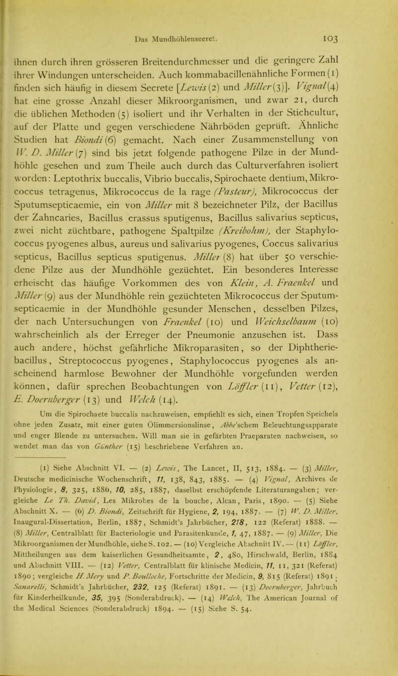 ihnen durch ihren grösseren Breitendurchmesser und die geringere Zahl ihrer Windungen unterscheiden. Auch kommabacillenähnliche Formen (1) linden sich häufig in diesem Secrete [Lewis{2) und Miller(3)]. Vtgnal(4) hat eine grosse Anzahl dieser Mikroorganismen, und zwar 21, durch die üblichen Methoden (5) isoliert und ihr Verhalten in der Stichcultur, auf der Platte und gegen verschiedene Nährböden geprüft. Ähnliche Studien hat Biondi (6) gemacht. Nach einer Zusammenstellung von IV. D. Miller (7) sind bis jetzt folgende pathogene Pilze in der Mund- höhle gesehen und zum Theile auch durch das Culturverfahren isoliert worden: Leptothrix buccalis, Vibrio buccalis, Spirochaete dentium, Mikro- coccus tetragenus, Mikrococcus de la rage (Pasteur), Mikrococcus der Sputumsepticaemie, ein von Miller mit 8 bezeichneter Pilz, der Bacillus der Zahncaries, Bacillus crassus sputigenus, Bacillus salivarius septicus, zwei nicht züchtbare, pathogene Spaltpilze (Kreibohm), der Staphylo- coccus pyogenes albus, aureus und salivarius pyogenes, Coccus salivarius septicus, Bacillus septicus sputigenus. Miller (8) hat über 50 verschie- dene Pilze aus der Mundhöhle gezüchtet. Fön besonderes Interesse erheischt das häufige Vorkommen des von Klein, A. Fraenkel und Miller (9) aus der Mundhöhle rein gezüchteten Mikrococcus der Sputum- septicaemie in der Mundhöhle gesunder Menschen, desselben Pilzes, der nach Untersuchungen von Fraenkel (10) und Weichselbaum (10) wahrscheinlich als der Erreger der Pneumonie anzusehen ist. Dass auch andere, höchst gefährliche Mikroparasiten, so der Diphtherie- bacillus , Streptococcus pyogenes, Staphylococcus pyogenes als an- scheinend harmlose Bewohner der Mundhöhle vorgefunden werden können, dafür sprechen Beobachtungen von Löffler (11), Vetter (12), E. Doernberger (13) und Welch (14). Um die Spirochaete buccalis nachzuweisen, empfiehlt es sich, einen Tropfen Speichels ohne jeden Zusatz, mit einer guten Ölimmersionslinse, A&^'schem Beleuchtungsapparate und enger Blende zu untersuchen. Will man sie in gefärbten Praeparaten nachweisen, so wendet man das von Günther (15) beschriebene Verfahren an. (1) Siehe Abschnitt VI. — (2) Lewis, The Lancet, II, 513, 1884. — (3) Alitier, Deutsche medicinische Wochenschrift, 11, 138, 843, 1885. — (4) Vignal, Archives de Physiologie, 8, 325, 1886, 10, 285, 1887, daselbst erschöpfende Literaturangaben; ver- gleiche Le Th. David, Les Mikrobes de la bouche, Alcan, Paris, 1890. — (5) Siehe Abschnitt X. — (6) D. Biondi, Zeitschrift für Hygiene, 2, 194, 1887. — (7) W. D. Miller, Inaugural-Dissertation, Berlin, 1887, Schmidt’s Jahrbücher, 218, 122 (Referat) 1888. — (8) Miller, Centralblatt für Bacteriologie und Parasitenkunde, 1, 47, 1887. — (9) Miller, Die Mikroorganismen der Mundhöhle, sieheS. 102. — (10) Vergleiche Abschnitt IV. — (11) Löffler, Mittheilungen aus dem kaiserlichen Gesundheitsamte, 2, 480, Hirschwald, Berlin, 1884 und Abschnitt VIII. — (12) Vetter, Centralblatt für klinische Medicin, 11, 11,321 (Referat) 1890; vergleiche H.Mery und P. Boulloche, Fortschritte der Medicin, 9, 815 (Referat) 1891 . Sanarelli, Schmidt’s Jahrbücher, 232, 125 (Referat) 1891. — (13) Doernberger, Jahrbuch für Kinderheilkunde, 35, 395 (Sonderabdruck). — (14) Welch, The American Journal of the Medical Sciences (Sonderabdruck) 1894. — (i5) Siehe S. 54.
