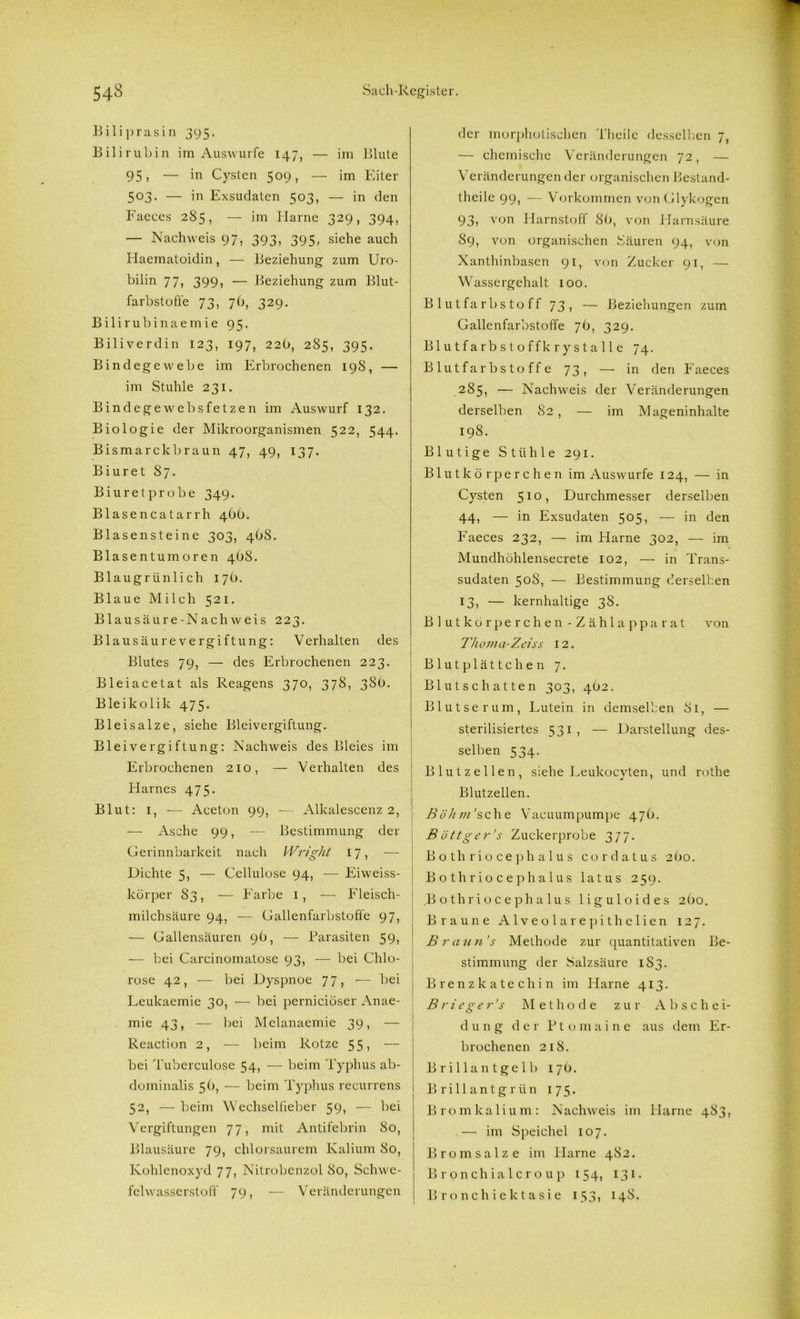 Biliprasin 395. Bilirubin im Auswurfe 147, — im Blute 95, — in Cysten 509, — im Eiter 503. — in Exsudaten 503, — in den Faeces 285, — im Harne 329, 394, — Nachweis 97, 393, 395, siehe auch Haematoidin, — Beziehung zum Uro- bilin 77, 399, — Beziehung zum Blut- farbstoffe 73, 76, 329. Bilirubinaemie 95. Biliverdin 123, 197, 22O, 285, 395. Bindegewebe im Erbrochenen 198, — im Stuhle 231. Bind ege websfetzen im Auswurf 132. Biologie der Mikroorganismen 522, 544. Bismarckbraun 47, 49, 137. Biuret 87. Biuretprobe 349. Blasencatarrh 46b. Blasensteine 303, 4bS. Blasentumoren 468. Blaugrünlich 17b. Blaue Milch 521. Blausäure -Nach weis 223. Blausäurevergiftung: Verhalten des Blutes 79, — des Erbrochenen 223. Bleiacetat als Reagens 370, 378, 38b. Bleikolik 475. Bleisalze, siehe Bleivergiftung. Bleivergiftung: Nachweis des Bleies im Erbrochenen 210, — Verhalten des Harnes 475. Blut: 1, — Aceton 99, — Alkalescenz 2, — Asche 99, — Bestimmung der Gerinnbarkeit nach Wright 17, — Dichte 5, — Cellulose 94, — Eiweiss- körper 83, — Farbe 1, — Fleisch- milchsäure 94, — Gallenfarbstoffe 97, — Gallensäuren 9b, — Parasiten 59, — bei Carcinomatose 93, — bei Chlo- rose 42, — bei Dyspnoe 77, — bei Leukaemie 30, — bei perniciöser Anae- mie 43, — bei Melanaemie 39, — Reaction 2, — beim Rotze 55, — bei Tuberculose 54, — beim Typhus ab- dominalis 5b, — beim Typhus recurrens | 52, — beim Wechsellieber 59, — bei Vergiftungen 77, mit Antifebrin 80, Blausäure 79, chlorsaurem Kalium 80, Kohlenoxyd 77, Nitrobenzol 80, Schwe- felwasserstoff 79, — Veränderungen der morphotischen Theile desselben 7, — chemische Veränderungen 72, — Veränderungen der organischen Bestand- theile 99, — Vorkommen von Glykogen 93, von Harnstoff 8b, von Harnsäure 89, von organischen Säuren 94, von Xanthinbasen 91, von Zucker 91, — Wassergehalt 100. Blutfarbstoff 73, — Beziehungen zum Gallenfarbstoffe 7b, 329. Blutfarbstoffkrystalle 74. Blutfarbstoffe 73, — in den Faeces 285, — Nachweis der Veränderungen derselben 82 , — im Mageninhalte 198. Blutige Stühle 291. Blutkörperchen im Auswurfe 124, — in Cysten 5I0> Durchmesser derselben 44, — in Exsudaten 505, — in den Faeces 232, — im Harne 302, — im Mundhöhlensecrete 102, — in Trans- sudaten 50S, — Bestimmung derselben 13, — kernhaltige 38. Blutkörperchen-Zählapparat von Thoma-Zeiss 12. Blutplättchen 7. Blutschatten 303, 4O2. Blutserum, Lutein in demselben 81, — sterilisiertes 531, — Darstellung des- selben 534. Blutzellen, siehe Leukocyten, und rothe Blutzellen. Böhm’sc\\.e Vacuumpumpe 47b. B öttger's Zuckerprobe 377. Bothriocephalus cordatus 2bo. Bothriocephalus latus 259. Bothriocephalus liguloides 2bo. Braune Alveolarepithelien 127. Braun’s Methode zur quantitativen Be- stimmung der Salzsäure 1S3. Brenzkatechin im Harne 413. Brieger’s Methode zur Abschei- dung der P t o m a i n e aus dem Er- brochenen 218. Brillantgelb 17O. Brillantgrün 175. B r o m ka 1 i u m : Nachweis im Harne 483, .— im Speichel 107. Bromsalze im Harne 482. Bronchialcroup 154, 131. Bronchiektasie 153, 148.