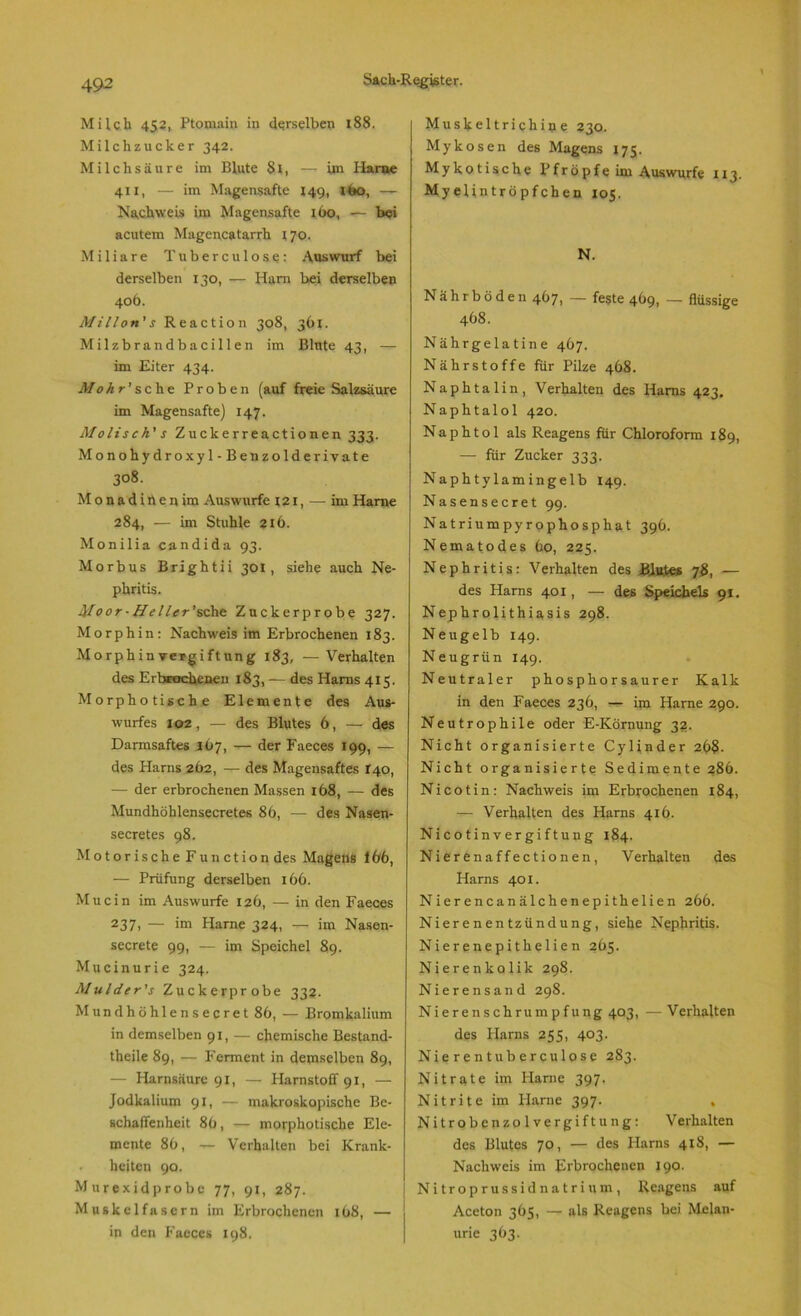 Milch 452, Ptomain in derselben 188. Milchzucker 342. Milchsäure im Blute 8x, — im Harne 411, — im Magensafte 149, xbo, — Nachweis im Magensafte 160, — bei acutem Magencatarrh X 70. Miliare T u b e r c u 1 o s e: Auswurf bei derselben 130, — Ham bei derselben 406. Ali l Ion' s Reaction 308, 361. Milzbrandbacillen im Blute 43, -r- im Eiter 434. MoAr’sclie Proben (auf freie Salzsäure im Magensafte) 147. Moliseh' s Zuckerreactionen 333. Monohydroxyl-Benzolderivate 308. Monadiitenim Auswurfe x21, — im Harne 284, — im Stuhle 216. Monilia candida 93. Morbus Brightii 301, siehe auch Ne- phritis. Moor-Heller’sche Zuckerprobe 327. Morphin: Nachweis im Erbrochenen 183. Morphinvergiftung 183, —Verhalten des Erbrochenen 183, — des Harns 415. Morphotische Elemente des Aus- wurfes 102, — des Blutes 6, — des Dannsaftes 167, — der Faeces 199, — des Harns 262, — des Magensaftes 140, — der erbrochenen Massen 168, — des Mundhöhlensecretes 86, — des Nasen- secretes 98. Motorische Functiondes Magens 166, — Prüfung derselben 166. Mucin im Auswurfe 126, — in den Faeces 237, — im Harne 324, — im Nasen- secrete 99, — im Speichel 89. Mucinurie 324. Mulder's Zuckerprobe 332. Mundhöhlensecret 86, — Bromkalium in demselben 91, — chemische Bestand- teile 89, — Ferment in demselben 89, — Harnsäure 91, — Harnstoff 91, — Jodkalium 91, — makroskopische Be- schaffenheit 86, — morphotische Ele- mente 86, — Verhalten bei Krank- heiten 90. Murexidprobe 77, 91, 287. Muskelfasern im Erbrochenen 168, — in den Faeces 198. Muskeltrichine 230. Mykosen des Magens 175. Mykotische Pfropfe im Auswurfe 113. My elintröpfchen 105. N. Nährböden 467, — feste 469, — flüssige 468. Nährgelatine 467. Nährstoffe für Pilze 468. Naphtalin, Verhalten des Harns 423. Naphtalol 420. N a p h t o 1 als Reagens für Chloroform 189, — für Zucker 333. Naphtylamingelb 149. Nasensecret 99. Natriumpyrophosphat 396. Nematodes 60, 225. Nephritis: Verhalten des Blutes 78, — des Harns 401, — des Speichels 91. Nephrolithiasis 298. Neugelb 149. Neugrün 149. Neutraler phosphorsaurer Kalk in den Faeces 236, — im Harne 290. Neutrophile oder E-Körnung 32. Nicht organisierte Cylinder 268- Nicht organisierte Sedimente 286. Nicotin: Nachweis im Erbrochenen 184, — Verhalten des Harns 416. Nicotinvergiftung 184. Nierenaffectionen, Verhalten des Harns 401. Nierencanälchenepithelien 266. Nierenentzündung, siehe Nephritis. Nierenepithelien 265. Nierenkolik 298. Niere nsand 298. Nieren Schrumpfung 403, — Verhalten des Harns 255, 403. Nierentuberculo.se 283. Nitrate im Flame 397. Nitrite im Harne 397. , Nitrobenzolvergiftung: Verhalten des Blutes 70, — des Harns 418, — Nachweis im Erbrochenen 190. Nitroprussidnatrium, Reagens auf Aceton 365, — als Reagens bei Melan- urie 363.