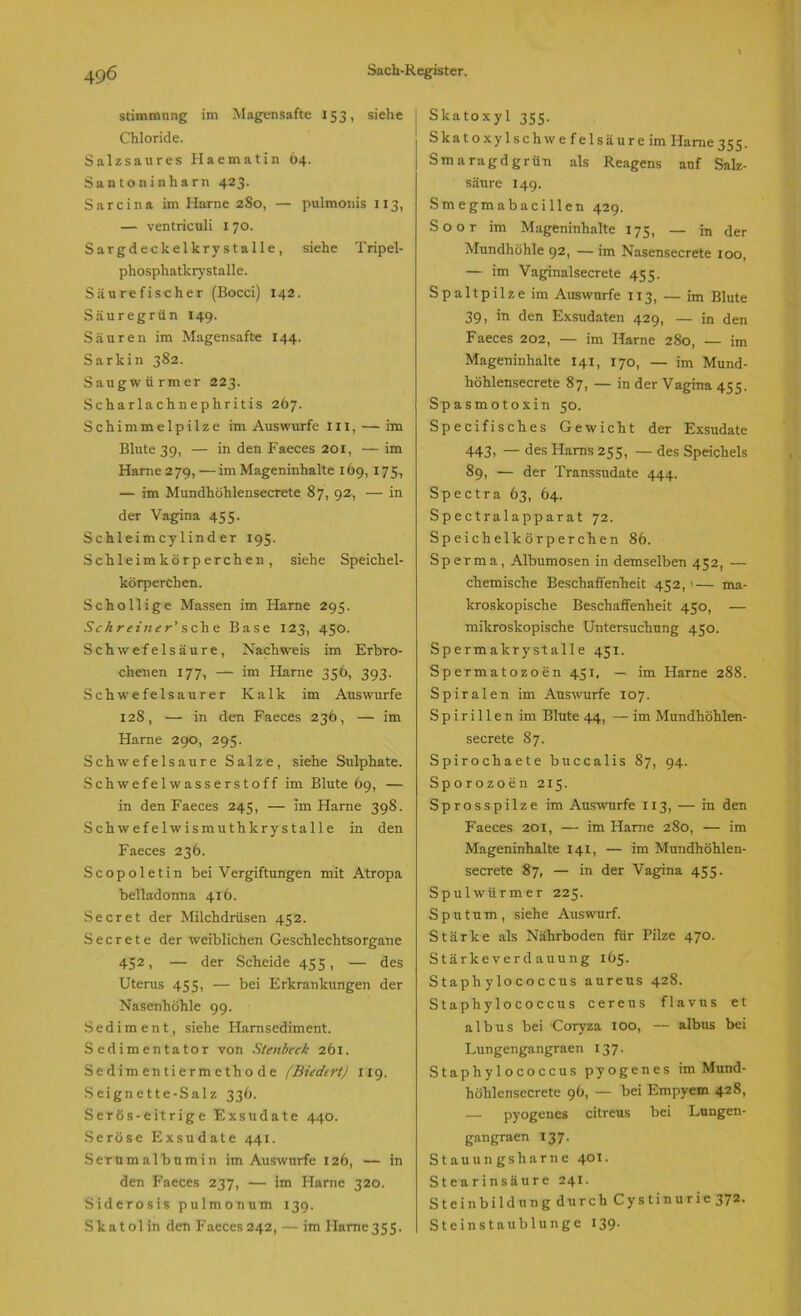Stimmung im Magensafte 153, siehe Chloride. Salzsaures Haematin 64. Santoninharn 423. Sarcina im Harne 280, — pulmonis 113, — ventriculi I 70. Sargdeckelk ry stalle, siehe Tripel- phosphatkrystalle. Säurefischer (Bocci) 142. Säuregrün 149. Säuren im Magensafte 144. Sarkin 382. Saugwiirmer 223. Scharlachnephritis 267. Schimmelpilze im Auswurfe 111, — im Blute 39, — in den Faeces 201, — im Harne 279,—im Mageninhalte 169, 175, — im Mundhöhlensecrete 87, 92, — in der Vagina 455• Schleimcylinder 195. Schleimkörperchen, siehe Speichel- körperchen. Schollige Massen im Harne 295. Schreiner' sehe Base 123, 450. Schwefelsäure, Nachweis im Erbro- chenen 177, — im Harne 356, 393. Schwefelsaurer Kalk im Auswurfe 128, — in den Faeces 236, — im Harne 290, 295. Schwefelsäure Salze, siehe Sulphate. Schwefelwasserstoff im Blute 69, — in den Faeces 245, — im Harne 398. Schwefel wismuthkrystalle in den Faeces 236. Scopoletin bei Vergiftungen mit Atropa belladonna 416. Secret der Milchdrüsen 452. Secrete der weiblichen Geschlechtsorgane 452, — der Scheide 455, — des Uterus 455, — bei Erkrankungen der Nasenhöhle 99. Sediment, siehe Harnsediment. Sedimentator von Stenbcck 261. Se dim en tierm e tho de (Biedert) 119. Seign ette-Salz 336. Serös-eitrige Exsudate 440. Seröse Exsudate 441. ScTumalbumin im Auswnrfe 126, — in den Faeces 237, — im Harne 320. Siderosis pulmonum 139. Skatol in den Faeces 242, — im Hame355. Skatoxyl 355. Skatoxy lschw e felsäure im Harne 355. Smaragdgrün als Reagens auf Salz- säure 149. Smegmabacillen 429. Soor im Mageninhalte 175, — in der Mundhöhle 92, —im Nasensecrete 100, — im Vaginalsecrete 455. Spaltpilze im Auswurfe 113, — im Blute 39, in den Exsudaten 429, — in den Faeces 202, — im Harne 280, — im Mageninhalte 141, 170, — im Mund- höhlensecrete 87, — in der Vagina 455. Spasmotoxin 50. Specifisches Gewicht der Exsudate 4431 — des Harns 255, — des Speichels 89, — der Transsudate 444. Spectra 63, 64. Spectralapparat 72. Speichelkörperchen 86. Sperma, Albumosen in demselben 452, — chemische Beschaffenheit 452,'— ma- kroskopische Beschaffenheit 450, — mikroskopische Untersuchung 450. Spermakrystalle 451. Spermatozoen 451, — im Harne 288. Spiralen im Auswurfe 107. Spirillen im Blute 44, — im Mundhöhlen- secrete 87. Spirochaete buccalis 87, 94. Sporozoen 215. Sprosspilze im Auswurfe 113, — in den Faeces 201, — im Harne 280, — im Mageninhalte 141, — im Mundhöhlen- secrete 87, — in der Vagina 455. Spulwürmer 225. Sputum, siehe Auswurf. Stärke als Nährboden für Pilze 470. Stärkeverdauung 165. Staphylococcus aureus 428. Staphylococcus cereus flavus et albus bei Coryza 100, — albus bei Lungengangraen 137. Staphylococcus pyogenes im Mund- höhlensecrete 96, — bei Empyem 428, — pyogenes citreus bei Lungen- gangraen 137. Stauungsharne 401. Stearinsäure 241. Steinbildung durch Cystinurie 372. Steinstaublunge 139.