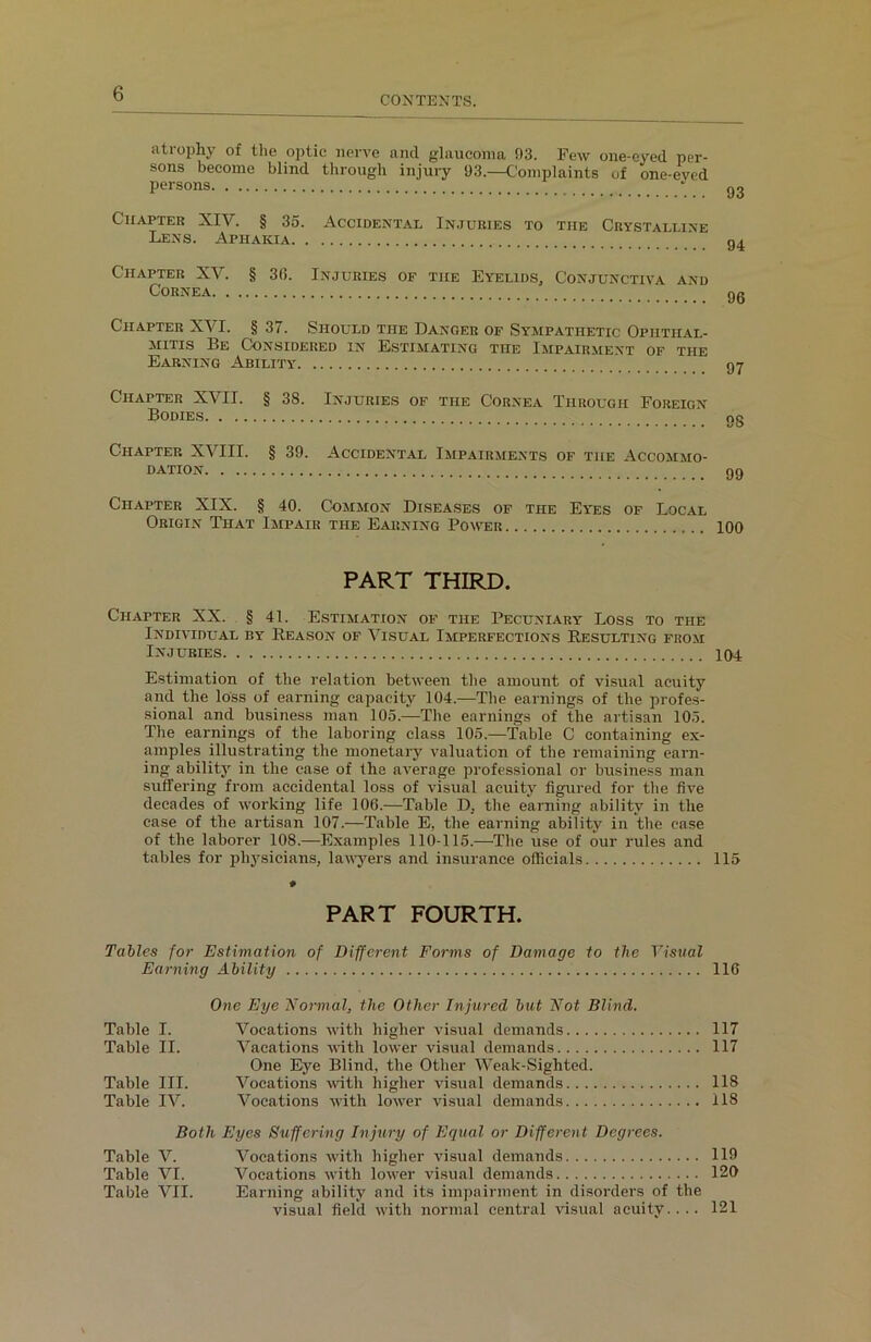 CONTENTS. atrophy of the optic nerve and glaucoma 93. Few one-eyed per- sons become blind through injury 93.—Complaints of one-eved persons J Chapter XIV. § 35. Accidental Injuries to the Crystalline Lens. Aphakia Chapter XV. § 3(5. Injuries of the Eyelids, Conjunctiva and Cornea Chapter XVI. § 37. Should the Danger of Sympathetic Ophthal- mitis Be Considered in Estimating the Impairment of the Earning Ability Chapter XVII. § 38. Injuries of the Cornea Through Foreign Bodies Chapter XVIII. § 39. Accidental Impairments of the Accommo- dation Chapter XIX. § 40. Common Diseases of the Eyes of Local Origin That Impair the Earning Power 100 PART THIRD. Chapter XX. § 41. Estimation of the Pecuniary Loss to the Individual by Reason of Visual Imperfections Resulting from Injuries 104 Estimation of the relation between the amount of visual acuity and the loss of earning capacity 104.—Tlie earnings of the profes- sional and business man 105.—The earnings of the artisan 105. The earnings of the laboring class 105.—Table C containing ex- amples illustrating the monetary valuation of the remaining earn- ing ability in the case of the average professional or business man suffering from accidental loss of visual acuity figured for the five decades of working life 106.—Table D. the earning ability in the case of the artisan 107.—Table E, the earning ability in the case of the laborer 108.—Examples 110-115.—The use of our rules and tables for physicians, lawyers and insurance officials 115 PART FOURTH. Tables for Estimation of Different Forms of Damage to the Visual Earning Ability 116 One Eye Normal, the Other Injured but Not Blind. Table I. Vocations with higher visual demands 117 Table II. Vacations with lower visual demands 117 One Eye Blind, the Other Weak-Sighted. Table III. Vocations with higher visual demands 118 Table IV. Vocations with lower visual demands 118 Both Eyes Suffering Injury of Equal or Different Degrees. Table V. Vocations with higher visual demands 119 Table VI. Vocations with lower visual demands 120 Table VII. Earning ability and its impairment in disorders of the visual field with normal central visual acuity.. .. 121