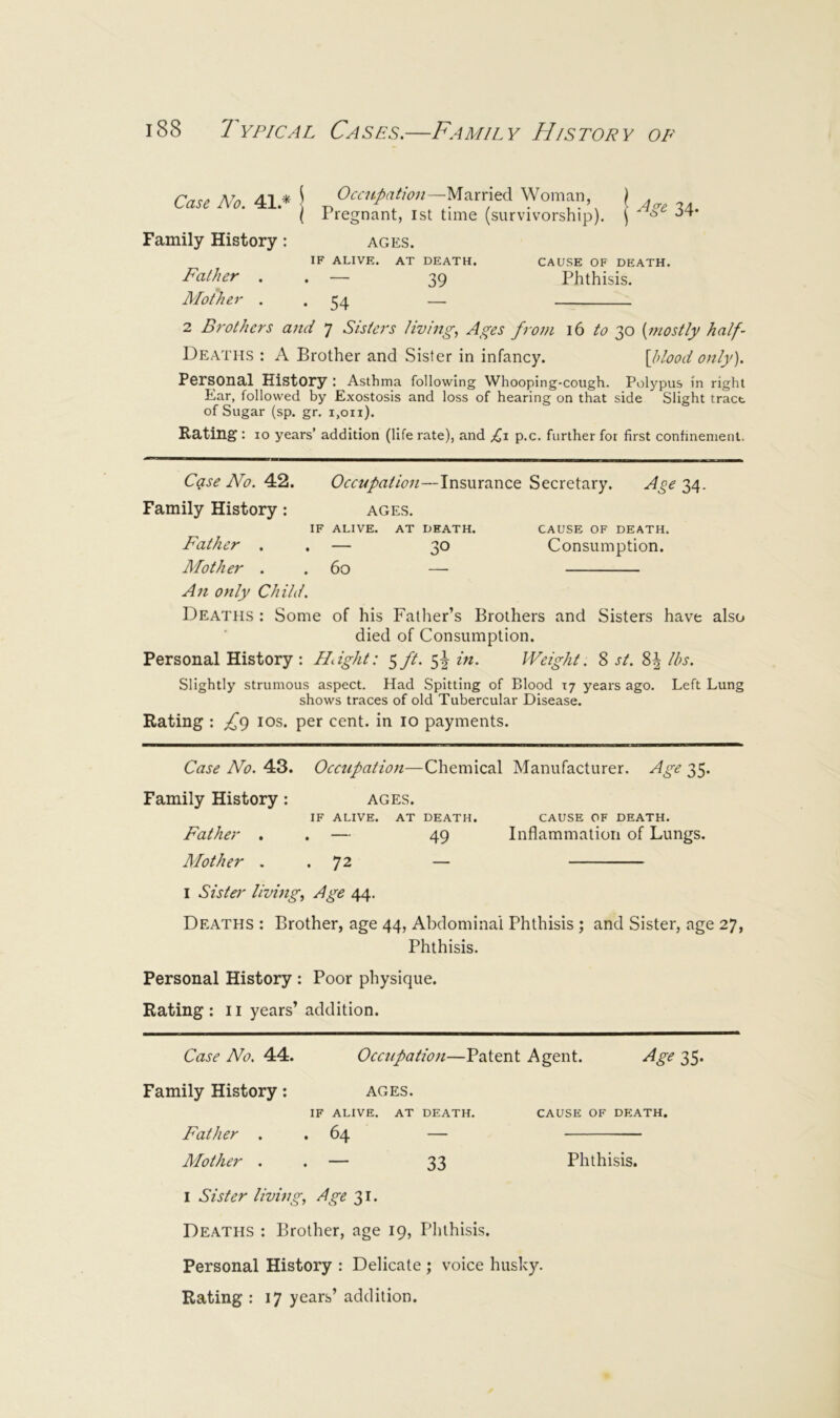 Case No. 41* S Ocenpatwn-MssxneA Woman, j ( Pregnant, 1st time (survivorship). ) Family History: ages. IF ALIVE. AT DEATH. CAUSE OF DEATH. Father . . — 39 Phthisis. Mother . . 54 — 2 Brothers and 7 Sisters living, Ages from 16 to yo {mostly half- Deaths : A Brother and Sister in infancy. \ldood only). Personal History : Asthma following Whooping-cough. Polypus In right Ear, follow'ed by Exostosis and loss of hearing on that side Slight tract of Sugar (sp. gr. i,oii). Rating : 10 years’ addition (life rate), and p.c. further for first confinement. Cqse A^o. Occupation—Insurance Secretary. .^^^34. Family History; ages. IF ALIVE. AT DEATH. CAUSE OF DEATH. Father . . — 30 Consumption. Mother . . 60 — An only Child. Dea'I'HS : Some of his Father’s Brothers and Sisters have also died of Consumption. Personal History: /Light: ^ft. 5^ in. Weight. 8 st. 8^ Ihs. Slightly strumous aspect. Had Spitting of Blood 17 years ago. Left Lung shows traces of old Tubercular Disease. Rating : fg los. per cent, in 10 payments. Case No. 43. Occupation—Chemical Manufacturer. Age 35- Family History: ages. IF ALIVE. AT DEATH. CAUSE OF DEATH. Father . . — 49 Inflammation of Lungs. Mother . .72 — I Sister living, Age 44. Deaths : Brother, age 44, Abdominal Phthisis ; and Sister, age 27, Phthisis. Personal History : Poor physique. Rating : 11 years’ addition. Case No. 44. Occupation—Patent Agent. Age 35. Family History: ages. IF ALIVE. AT DEATH. CAUSE OF DEATH. Father . . 64 — Mother . . — 33 Phthisis. I Sister living, Age 31. Deaths : Brother, age 19, Phthisis. Personal History : Delicate ; voice husky.