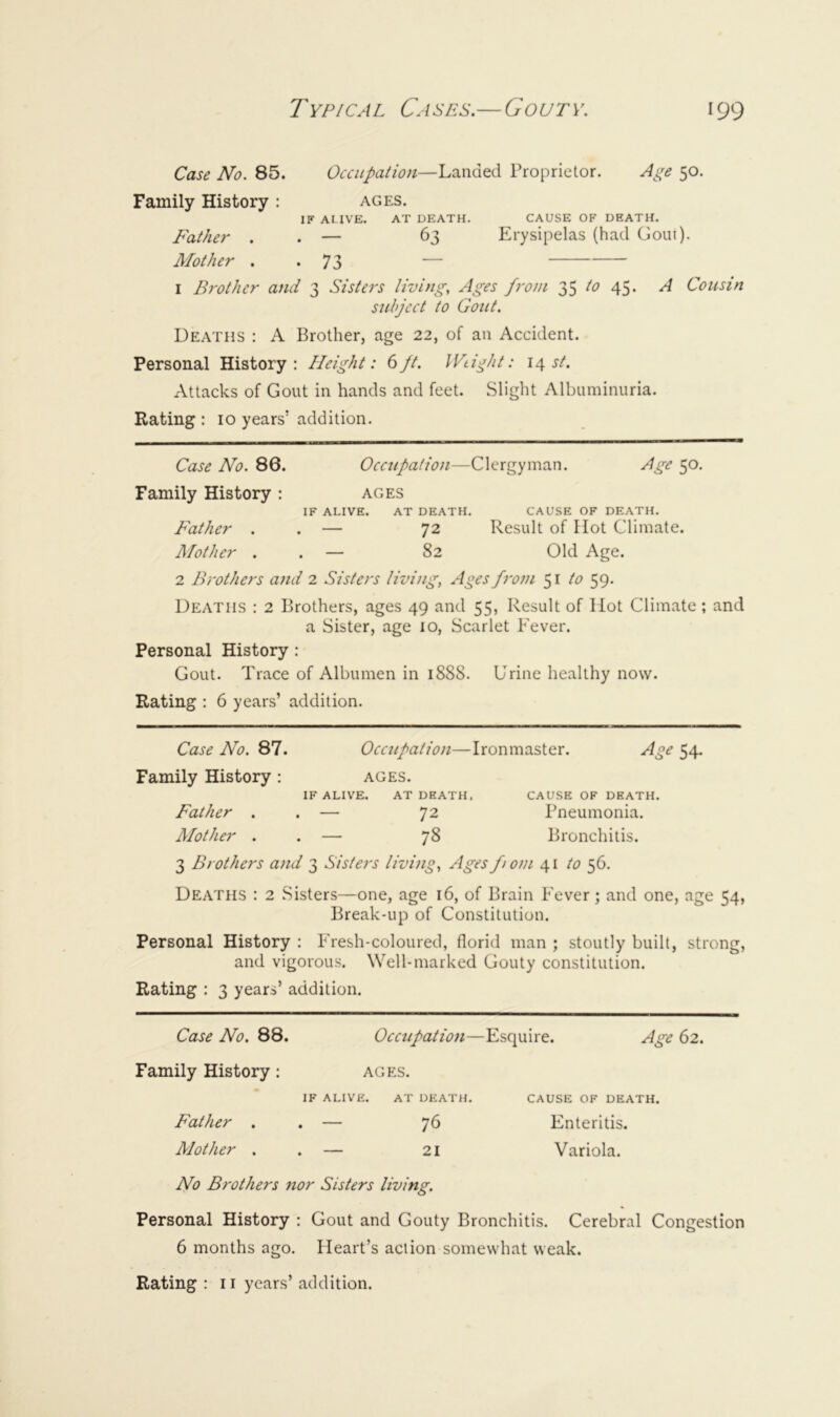 Case No. 85. Occupation—Landed Proprietor. Age 50. Family History : ages. IF ALIVE. AT DEATH. CAUSE OF DEATH. Father . . — 63 Erysipelas (had Gom). Mother , *73 — 1 Brother and 3 Sisters living, Ages from 35 to A Cousin subject to Gout. Deaths : A Brother, age 22, of an Accident. Personal History: Height: 6 ft. IVtight: 14 j/. Attacks of Gout in hands and feet. Slight Albuminuria. Rating : 10 years’ addition. Case No. 86. Occupation—Clergyman. Age 50, Family History : ages IF ALIVE. AT DEATH. CAUSE OF DEATH. Father . . — 72 Result of Hot Climate. Mother . . — 82 Old Age. 2 Brothers and 2 Sisters living, Ages from 51 to 59. Deaths : 2 Brothers, ages 49 and 55, Result of Hot Climate ; and a Sister, age 10, Scarlet h'ever. Personal History : Gout. Trace of Albumen in 1888. Urine healthy now. Rating : 6 years’ addition. Case No. 87. Occupation—Ironmaster. Age 54. Family History : ages. IF ALIVE. AT DEATH, CAUSE OF DEATH. Father . . — 72 Pneumonia. Mother . . — 78 Bronchitis. 3 Brothers and 3 Sisters living. Ages fom 41 to 56. Deaths : 2 Sisters—one, age 16, of Brain Fever; and one, age 54, Break-up of Constitution. Personal History : Fresh-coloured, florid man ; stoutly built, strong, and vigorous. Well-marked Gouty constitution. Rating : 3 years’ addition. Case No. 88. Occupation—Esquire. Age 62. Family History : ages. IF ALIVE. AT DEATH. CAUSE OF DEATH. Father . . — 76 Enteritis. Mother . . — 21 Variola. No Brothers nor Sisters living. Personal History : Gout and Gouty Bronchitis. Cerebral Congestion 6 months ago. Pleart’s action somewhat weak.