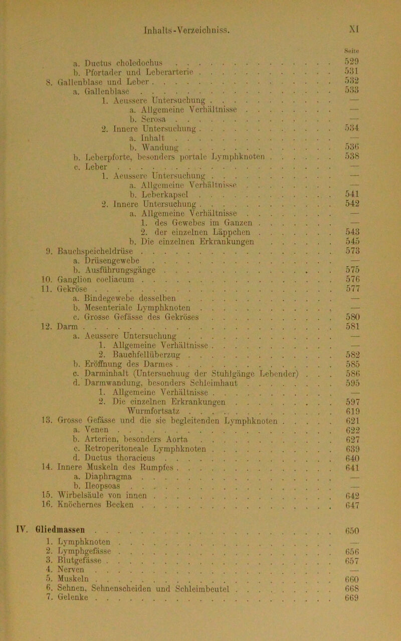 Seite a. Ductus cholcdochus 529 b. Pfortader und Leberarterie 531 8. Gallenblase und Leber 532 a. Gallenblase 533 1. Aeussere Untersuchung a. Allgemeine Verhältnisse b. Serosa — 2. Innere Untersuchung 534 a. Inhalt b. Wandung 530 b. Leberpforte, besonders portale Lymphknoten 538 c. Leber 1. Aeussere Untersuchung — a. Allgemeine Verhältnisse b. Leberkapsel 541 2. Innere Untersuchung 542 a. Allgemeine Verhältnisse 1. des Gewebes im Ganzen 2. der einzelnen Läppchen 543 b. Die einzelnen Erkrankungen 545 9. Bauchspeicheldrüse 573 a. Drüsengewebe b. Ausführungsgänge 575 10. Ganglion coeliacum 576 11. Gekröse 577 a. Bindegewebe desselben b. Mesenteriale Lymphknoten , c. Grosse Gefässe des Gekröses 580 12. Darm 581 a. Aeussere Untersuchung — 1. Allgemeine Verhältnisse 2. Bauchfellüberzug 582 b. Eröffnung des Darmes 585 c. Danninhalt (Untersuchung der Stuhlgänge Lebender) . . . 580 d. Darmwandung, besonders Schleimhaut 595 1. Allgemeine Verhältnisse — 2. Die einzelnen Erkrankungen 597 Wurmfortsatz 619 13. Grosse Gefässe und die sie begleitenden Lymphknoten 621 a. Venen ' 622 b. Arterien, besonders Aorta 627 c. Retroperitoneale Lymphknoten 639 d. Ductus thoracicus 640 14. Innere Muskeln des Rumpfes 641 a. Diaphragma — b. Ileopsoas — 15. Wirbelsäule von innen 642 16. Knöchernes Becken 647 IV. Gliedmassen 650 1. Lymphknoten — 2. Lymphgefässe 656 3. Blutgefässe 657 4. Nerven — 5. Muskeln 660 6. Sehnen, Sehnenscheiden und Schleimbeutel 668 7. Gelenke 669