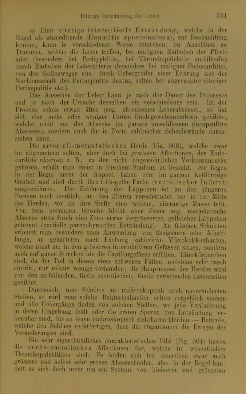 e) Eine eiterige interstitielle Entzündung, weiche in der Regel als abscedirende (Hepatitis aposternatosa), zur Beobachtung kommt, kann in verschiedener Weise entstehen: im Anschluss an Traumen, welche die Leber treffen, bei malignen Embolien der Pfort- ader (besonders bei Perityphlitis, bei Thrombophlebitis umbilicalis) durch Embolien der Leberarterie (besonders bei maligner Endocarditis), von den Gallenwegen aus, durch Uebergreifcn einer Eiterung aus der Nachbarschaft (bei Perinephritis dextra, selten bei abgesackter eiteriger Perihepatitis etc.). Das Aussehen der Leber kann je nach der Dauer des Processes und je nach der Ursache desselben ein verschiedenes sein. Ist der Process schon etwas älter (sog. chronischer Leberabscess), so hat sich eine mehr oder weniger fibröse Bindegewebsmembran gebildet, welche nicht nur den Abscess im ganzen umschliessen (incapsulirte Abscesse), sondern auch ihn in Form zahlreicher Scheidewände durch- ziehen kann. Die arteriell-metastatischen Herde (Fig. 303), welche zwar im allgemeinen selten, aber doch bei gewissen Aflectionen, der Endo- carditis ulcerosa z. B., zu den nicht ungewöhnlichen Vorkommnissen gehören, erhält man meist in frischem Stadium zu Gesicht. Sie liegen in der Regel unter der Kapsel, haben eine im ganzen keilförmige Gestalt und sind durch ihre trüb-gelbe Farbe (necrotischer Infarct) ausgezeichnet. Die Zeichnung der Läppchen ist an den jüngeren Formen noch deutlich, an den älteren verschwindet sie in der Mitte des Herdes, wo an ihre Stelle eine weiche, eiterartige Masse tritt. Von dem normalen Gewebe bleibt aber dieser sog. metastatische Abscess stets durch eine Zone etwas vergrüssertcr, gelblicher Läppchen getrennt (partielle parenchymatöse Entzündung). An frischen Schnitten erkennt man besonders nach Anwendung von Essigsäure oder Alkali- lauge, an gehärteten nach Färbung zahlreiche Mikrokokkenhaufen, welche nicht nur in den grösseren interlobulären Gefässen sitzen, sondern auch auf ganze Strecken hin die Capillargefässe erfüllen. Eiterkörperchen sind, da der Tod in diesen stets schweren Fällen meistens sehr rasch eintritt, nur relativ wenige vorhanden; die Hauptmasse des Herdes wird von den zerfallenden, theils necrotischen, theils verfettenden Leberzellen gebildet. Durchsucht man Schnitte an makroskopisch noch unveränderten Stellen, so wird man solche Bakterienhaufen selten vergeblich suchen und alle l’cbergänge finden von solchen Stellen, wo jede Veränderung in deren Umgebung fehlt oder die ersten Spuren von Entzündung er- kennbar sind, bis zu jenen makroskopisch sichtbaren Herden — Befunde, welche den Schluss rechtfertigen, dass die Organismen die Erreger der Veränderungen sind. Ein sehr eigenthümliches charakteristisches Bild (Fig. 304) bieten die venös-embolischen Affectionen dar, welche im wesentlichen I hrombophlebitiden sind. Es bilden sich bei denselben zwar auch grössere und selbst sehr grosse Abscesshöhlen, aber in der Regel han- delt es sich doch mehr um ein System von kleineren und grösseren