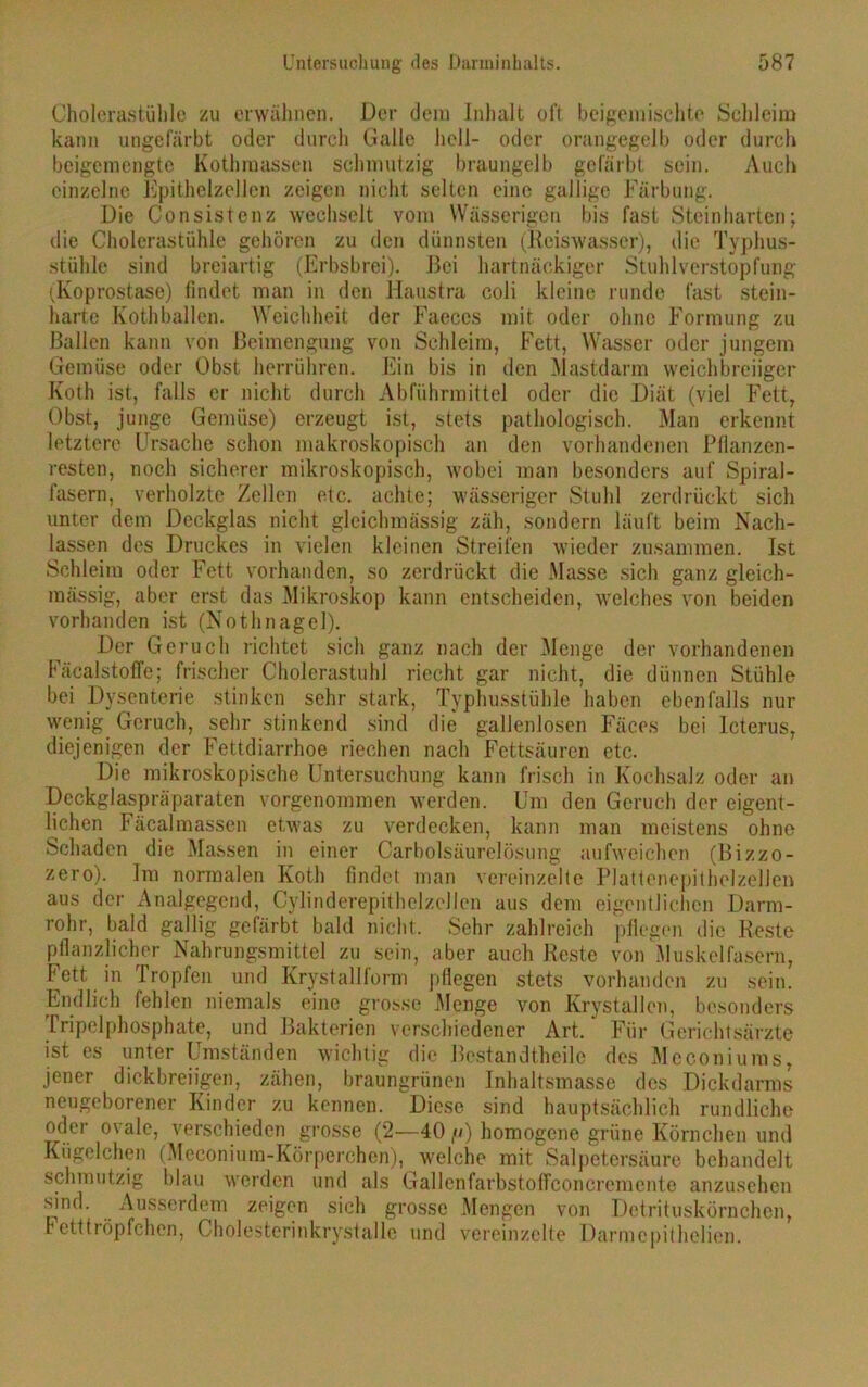 Cholerastühle zu erwähnen. Der dem Inhalt oft beigemischte Schleim kann ungefärbt oder durch Galle hell- oder orangegelb oder durch beigemengte Kothmasscn schmutzig braungelb gefärbt sein. Auch einzelne Epithelzellen zeigen nicht selten eine gallige Färbung. Die Consistenz wechselt vom Wässerigen bis fast Steinharten; die Cholerastühle gehören zu den dünnsten (Reiswasser), die Typhus- stühle sind breiartig (Erbsbrei). Bei hartnäckiger Stuhlverstopfung (Koprostase) findet man in den Haustra coli kleine runde fast stein- harte Kothballen. Weichheit der Faeces mit oder ohne Formung zu Ballen kann von Beimengung von Schleim, Fett, Wasser oder jungem Gemüse oder Obst herrühren. Ein bis in den Mastdarm weichbreiiger Koth ist, falls er nicht durch Abführmittel oder die Diät (viel Fett, Obst, junge Gemüse) erzeugt ist, stets pathologisch. Man erkennt letztere Ursache schon makroskopisch an den vorhandenen Pflanzen- resten, noch sicherer mikroskopisch, wobei man besonders auf Spiral- fasern, verholzte Zellen etc. achte; wässeriger Stuhl zerdrückt sich unter dem Deckglas nicht gleichmässig zäh, sondern läuft beim Nach- lassen des Druckes in vielen kleinen Streifen wieder zusammen. Ist Schleim oder Fett vorhanden, so zerdrückt die Masse sich ganz gleich- mässig, aber erst das Mikroskop kann entscheiden, welches von beiden vorhanden ist (Nothnagel). Der Geruch richtet sich ganz nach der Menge der vorhandenen Fäcalstoffe; frischer Cholerastuhl riecht gar nicht, die dünnen Stühle bei Dysenterie stinken sehr stark, Typhusstühle haben ebenfalls nur wenig Geruch, sehr stinkend sind die galJenlosen Fäces bei Icterus, diejenigen der Fettdiarrhoe riechen nach Fettsäuren etc. Die mikroskopische Untersuchung kann frisch in Kochsalz oder an Deckglaspräparaten vorgenommen werden. Um den Geruch der eigent- lichen Fäcalmassen etwas zu verdecken, kann man meistens ohne Schaden die Massen in einer Carbolsäurelösung aufweichen (Bizzo- zero). Im normalen Koth findet man vereinzelte Plattenepithelzellen aus der Analgegend, CylinderepithelzeJlcn aus dem eigentlichen Darm- rohr, bald gallig gefärbt bald nicht. Sehr zahlreich pflegen die Reste pflanzlicher Nahrungsmittel zu sein, aber auch Reste von Muskelfasern, Fett, in Tropfen und Krystallform pflegen stets vorhanden zu sein. Endlich fehlen niemals eine grosse Menge von Krystallen, besonders Tripelphosphate, und Bakterien verschiedener Art. Für Gerichtsärzte ist es unter Umständen wichtig die Bestandteile des Meconiums, jener dickbreiigen, zähen, braungrünen Inhaltsmasse des Dickdarms neugeborener Kinder zu kennen. Diese sind hauptsächlich rundliche oder ovale, verschieden grosse (2—40,») homogene grüne Körnchen und Kügelchen (Meconium-Körperehen), welche mit Salpetersäure behandelt schmutzig blau werden und als Gallenfarbstoffconcremente anzusehen sind. Ausserdem zeigen sich grosse Mengen von Detrituskörnchen, retttröpfchen, Cholesterinkrystalle und vereinzelte Darmepithelien.