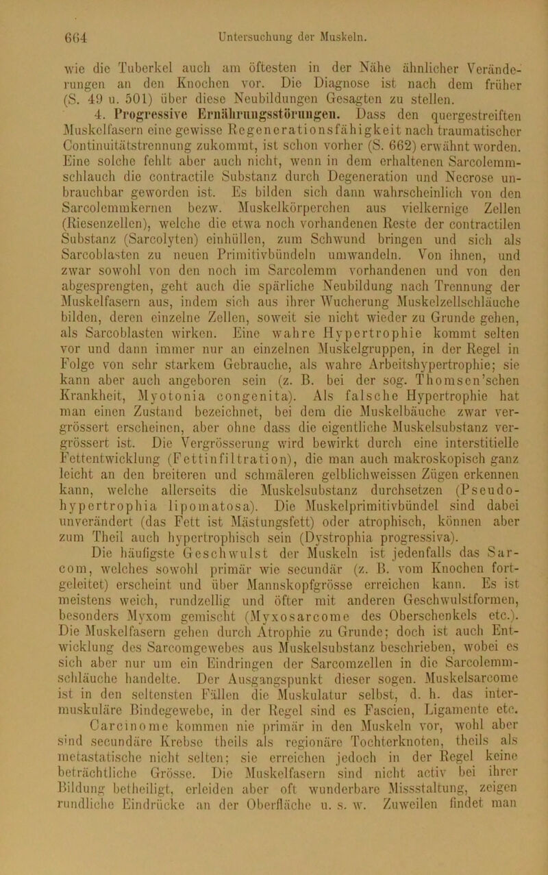 wie die Tuberkel auch am öftesten in der Nähe ähnlicher Verände- rungen an den Knochen vor. Die Diagnose ist nach dem früher (S. 49 u. 501) über diese Neubildungen Gesagten zu stellen. 4. Progressive Ernährungsstörungen. Dass den quergestreiften Muskelfasern eine gewisse Regenerationsfähigkeit nach traumatischer Continuitätstrennung zukommt, ist schon vorher (S. 662) erwähnt worden. Eine solche fehlt aber auch nicht, wenn in dem erhaltenen Sarcolcmm- schlauch die contractile Substanz durch Degeneration und Necrose un- brauchbar geworden ist. Es bilden sich dann wahrscheinlich von den Sarcolemm kernen bezw. Muskelkörperchen aus vielkernige Zellen (Ricsenzellen), welche die etwa noch vorhandenen Reste der contractilen Substanz (Sarcolyten) einhüllen, zum Schwund bringen und sich als Sarcoblasten zu neuen Primitivbündeln umwandeln. Von ihnen, und zwar sowohl von den noch im Sarcolemm vorhandenen und von den abgesprengten, geht auch die spärliche Neubildung nach Trennung der Muskelfasern aus, indem sich aus ihrer Wucherung Muskelzellschläuche bilden, deren einzelne Zellen, soweit sie nicht wieder zu Grunde gehen, als Sarcoblasten wirken. Eine wahre Hypertrophie kommt selten vor und dann immer nur an einzelnen Muskelgruppen, in der Regel in Eolge von sehr starkem Gebrauche, als wahre Arbeitshypertrophie; sie kann aber auch angeboren sein (z. B. bei der sog. Thomscn’schen Krankheit, Myotonia congenita). Als falsche Hypertrophie hat man einen Zustand bezeichnet, bei dem die Muskelbäuche zwar ver- grössert erscheinen, aber ohne dass die eigentliche Muskelsubstanz ver- grössert ist. Die Vergrösserung wird bewirkt durch eine interstitielle Fettentwicklung (Fettinfiltration), die man auch makroskopisch ganz leicht an den breiteren und schmäleren gelblichweissen Zügen erkennen kann, welche allerseits die Muskelsubstanz durchsetzen (Pseudo- hype rtrophia lipomatosa). Die Muskelprimitivbündel sind dabei unverändert (das Fett ist Mästungsfett) oder atrophisch, können aber zum Theil auch hypertrophisch sein (Dystrophia progressiva). Die häufigste Geschwulst der Muskeln ist jedenfalls das Sar- com, welches sowohl primär wie secundär (z. B. vom Knochen fort- geleitet) erscheint, und über Mannskopfgrösse erreichen kann. Es ist meistens weich, rundzeilig und öfter mit anderen Geschwulstformen, besonders Myxom gemischt (Myxosarcome des Oberschenkels etc.). Die Muskelfasern gehen durch Atrophie zu Grunde; doch ist auch Ent- wicklung des Sarcomgewebes aus Muskelsubstanz beschrieben, wobei es sich aber nur um ein Eindringen der Sarcomzcllen in die Sarcolcmm- sehläuche handelte. Der Ausgangspunkt dieser sogen. Muskelsareomc ist in den seltensten Fällen die Muskulatur selbst, d. h. das inter- muskuläre Bindegewebe, in der Regel sind es Fascien, Ligamente etc. Carcinome kommen nie primär in den Muskeln vor, wohl aber sind secundäre Krebse theils als regionäre Tochterknoten, thcils als metastatische nicht selten; sie erreichen jedoch in der Regel keine beträchtliche Grösse. Die Muskelfasern sind nicht activ bei ihrer Bildung betheiligt, erleiden aber oft wunderbare Missstaltung, zeigen rundliche Eindrücke an der Oberfläche u. s. w. Zuweilen findet man