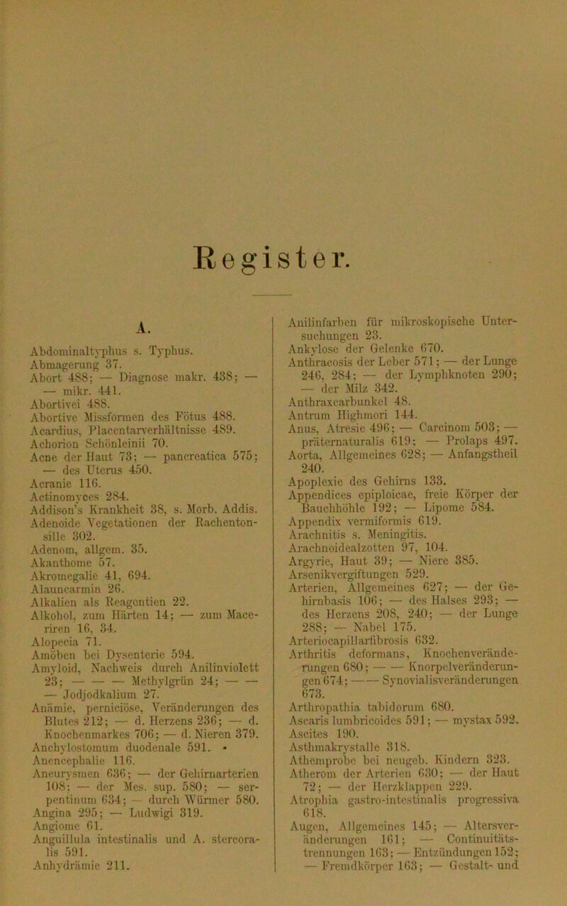 A. Abdominaltyphus s. Typhus. Abmagerung 37. Abort 488; — Diagnose makr. 438; — — mikr. 441. Abortivei 488. Abortive Missformen des Fötus 488. Acardius, Placentarverhältnisse 489. Achorion Schünleinii 70. Acne der Haut 73; — pancreatica 575; — des Uterus 450. Acranie 116. Actinomyces 284. Addison’s Krankheit 38, s. Morb. Addis. Adenoide Vegetationen der Rachenton- sille 302. Adenoin, allgcm. 35. Akanthome 57. Akromegalie 41, 694. Alauncarmin 26. Alkalien als Reagcntien 22. Alkohol, zum Härten 14; — zum Mace- riren 16, 34. Alopecia 71. Amöben bei Dysenterie 594. Amyloid, Nachweis durch Anilinviolett 23; — — — Methylgrün 24; — — — Jodjodkalium 27. Anämie, pernieiöse, Veränderungen des Blutes 212; — d. Herzens 236; — d. Knochenmarkes 706; — d. Nieren 379. Ancbylostoinum duodenale 591. • Anencephalie 116. Aneurysmen 636; — der Gehirnarterien 108; — der Mes. sup. 580; — ser- pentinum 634; durch Würmer 580. Angina 295; — Ludwigi 319. Angiome 61. Anguillula intestinalis und A. stercora- lis 591. Anhydrämic 211. Anilinfarben für mikroskopische Unter- suchungen 23. Ankylose der Gelenke 670. Anthracosis der Leber 571; — der Lunge 246. 284; — der Lymphknoten 290; — der Milz 342. Antbraxearbunkel 48. Antrum Ilighmori 144. Anus, Atresie 496; — Carcinom 503; — präternaturalis 619; — Prolaps 497. Aorta, Allgemeines 628; — Anfangstheil 240. Apoplexie des Gehirns 133. Appcndices epiploicae, freie Körper der Bauchhöhle i 92; — Lipome 584. Appendix vermiformis 619. Arachnitis s. Meningitis. Arachnoidealzotten 97, 104. Argyrie, Haut 39; — Niere 385. Arsenikvergiftungen 529. Arterien, Allgemeines 627; — der Ge- hirnbasis 106; — des Halses 293; — des Herzens 208, 240; — der Lunge 288; — Nabel 175. Arterioeapi llarübrosis 632. Arthritis deformans, Knochen verände- rungenGSO; Knorpelvcrändcrun- gen 674; Synovialisvcränderungen 673. Arthropathia tabidorum 680. Ascaris lumbricoides 591; — mystax 592. Ascites 190. Asthmakrystalle 318. Atbcmprobe bei neugeb. Kindern 323. Atherom der Arterien 630; — der Haut 72; — der Herzklappen 229. Atrophia gastro-intestinalis progressiva 618. Augen, Allgemeines 145; — Altersver- änderungen 161; — Continuitäts- trennungen 163; — Entzündungen 152; — Fremdkörper 163; — Gestalt- und