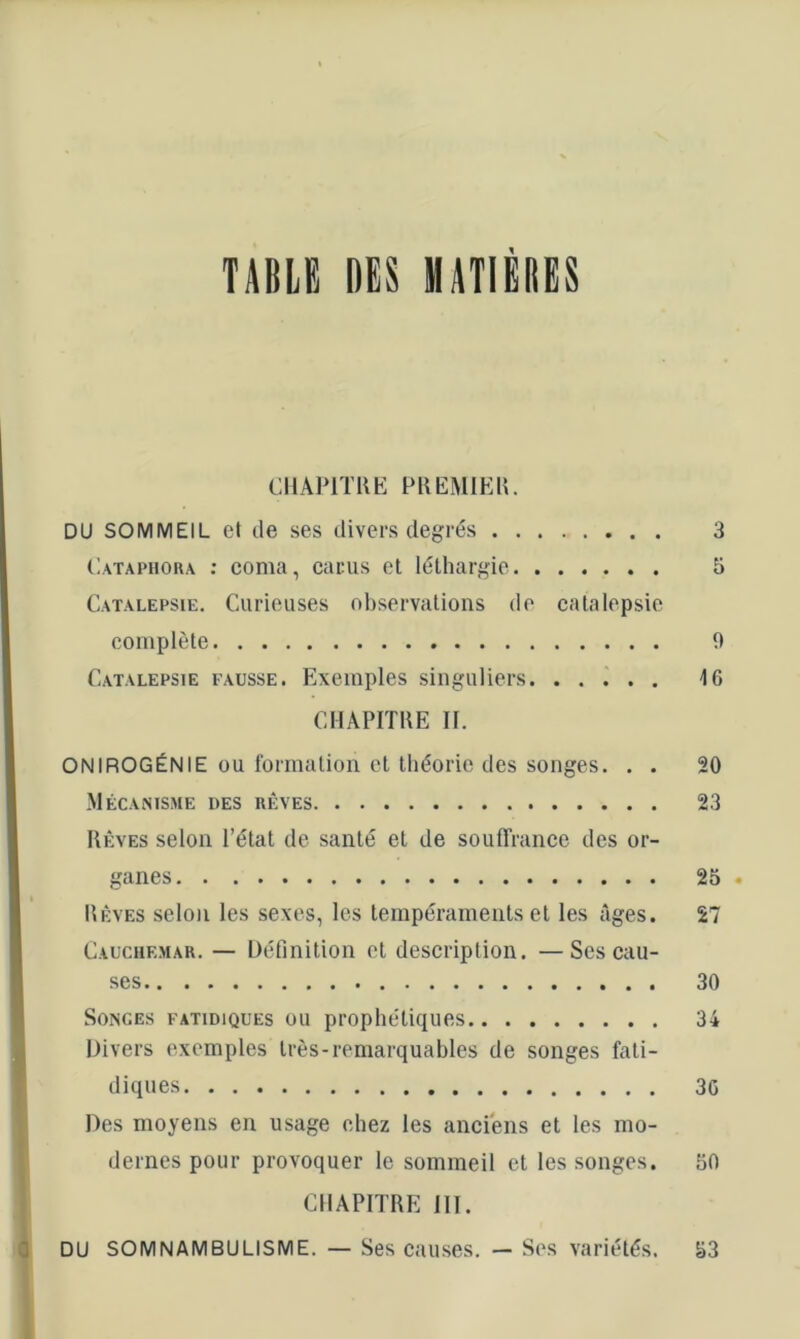 TABLE DES MATIÈIIES CHAPITRE PREMIER. DU SOMMEIL et (le ses divers degrés 3 Cataphora ; coma, cacus et léthargie 5 Catalepsie. Curieuses observations de catalepsie complète 9 Catalepsie fausse. Exemples singuliers. 16 CHAPITRE II. ONIROGÉNIE ou formation et théorie des songes. . . 20 Mécanisme des rêves 23 Rêves selon l’état de santé et de souffrance des or- ganes 25 . Rêves selon les sexes, les tempéraments et les âges. 27 Cauchemar. — Définition et description. —Scs cau- ses 30 Songes fatidiques ou prophétiques 34 Divers exemples très-remarquables de songes fati- diques 3G Des moyens en usage chez les anciens et les mo- dernes pour provoquer le sommeil et les songes. 50 CHAPITRE 111. DU SOMNAMBULISME. — Ses causes. — Ses variétés. 53