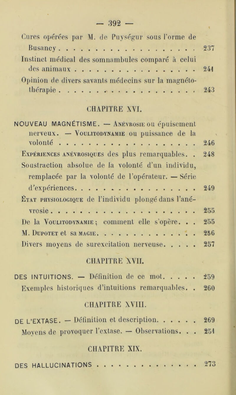 « Cures opérées par M. rlt^ Puységiii- sous l’orme de Busancy 237 Instiiicl médical des sorniiaml)ules comparé à celui des animaux 241 0])inion de divers savants médecins sur la magnéto- thérapie 243 CHAPITRE XVI. NOUVEAU MAGNÉTISME. —Anévrosie OU épuisement nerveux. — Youlitodynamie ou puissanee de la volonté 246 Expériences ANÉvROsiQUEs des plus remarquables. . 248 Soustraction absolue de la volonté d’un individu, remplacée par la volonté de l’opérateur. — Série (Eexpériences 249 État physiologique de l’individu plongé dans l’ané- vrosie 255 De la Youlitodynamie; eomnienl elle s’opère. . . 255 M. Dupotet et sa MAGIE 256 Divers moyens de surexcitation nerveuse 257 CHAPITRE XYII. DES INTUITIONS. — Déliiiitioii de ce mot 259 Exemples historiques d’intuitions remarquables. . 260 CHAPITRE XYIII. DE L’EXTASE. — Déliiiitioii et description 269 Moyens de provoquer l’extase. — Observations. . . 251 CHAPITRE XIX. DES HALLUCINATIONS 273