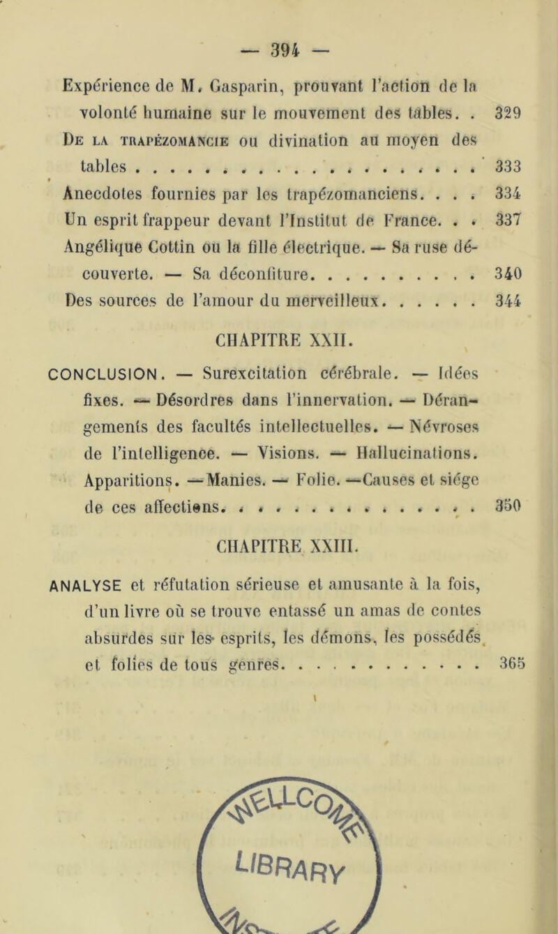 Expérience de M, Gasparin, prouvant l’action delà volonté humaine sur le mouvement des tables. . 329 De la trapézomancie ou divination au moyen des tables i ... . 333 Anecdotes fournies par les trapézomanciens. . . ^ 334 Un esprit frappeur devant l’Institut de France. . . 337 Angélique Cottin ou la fille électrique. — Sa ruse dé- couverte. — Sa déconfiture 340 Des sources de l’amour du merveilleux 344 CHAPITRE XXII. CONCLUSION. — Surexcitation cérébrale. ~ Idées fixes. — Désordres dans l’innervation. — Déran- gements des facultés intellectuelles. — Névroses de l’intelligence. — Visions. — Hallucinations. Apparitions. —Manies. — Folie. —Causes et siège de ces affections. < . . 350 CHAPITRE XXIII. ANALYSE et réfutation sérieuse et amusante à la fois, d’un livre où se trouve entassé un amas de contes absurdes sur les- esprits, les démons, les possédés, et folles de tous genres. 365