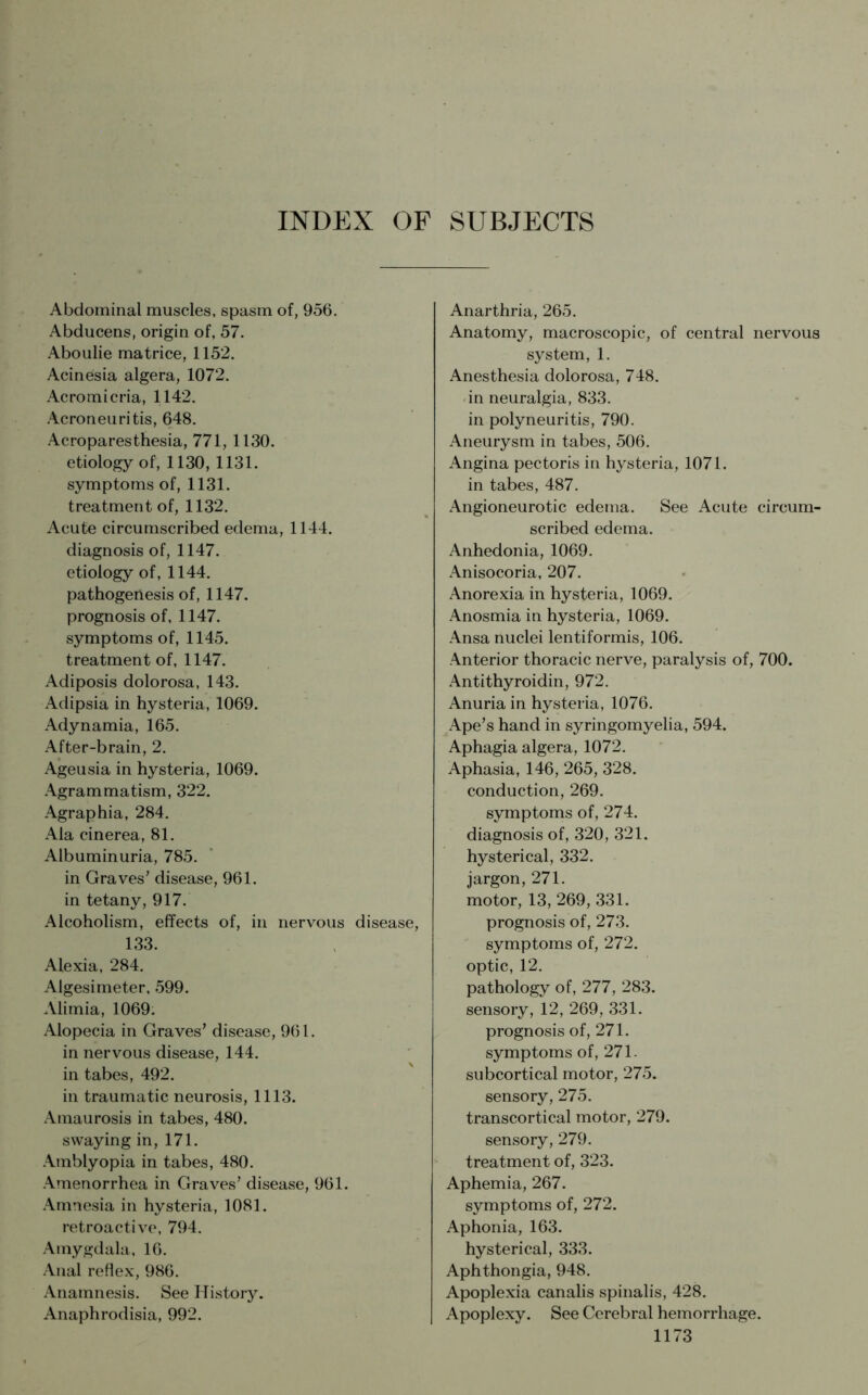 INDEX OF SUBJECTS Abdominal muscles, spasm of, 956. Abducens, origin of, 57. Aboulie matrice, 1152. Acinesia algera, 1072. Acromicria, 1142. Acroneuritis, 648. Acroparesthesia, 771, 1130. etiology of, 1130,1131. symptoms of, 1131. treatment of, 1132. Acute circumscribed edema, 1144. diagnosis of, 1147. etiology of, 1144. pathogenesis of, 1147. prognosis of, 1147. symptoms of, 1145. treatment of, 1147. Adiposis dolorosa, 143. Adipsia in hysteria, 1069. Adynamia, 165. After-brain, 2. Ageusia in hysteria, 1069. Agrammatism, 322. Agraphia, 284. Ala cinerea, 81. Albuminuria, 785. in Graves’ disease, 961. in tetany, 917. Alcoholism, effects of, in nervous disease, 133. Alexia, 284. Algesimeter, 599. Alimia, 1069. Alopecia in Graves’ disease, 961. in nervous disease, 144. in tabes, 492. in traumatic neurosis, 1113. Amaurosis in tabes, 480. swaying in, 171. Amblyopia in tabes, 480. Amenorrhea in Graves’ disease, 961. Amnesia in hysteria, 1081. retroactive, 794. Amygdala, 16. Anal reflex, 986. Anamnesis. See History. Anaphrodisia, 992. Anarthria, 265. Anatomy, macroscopic, of central nervous system, 1. Anesthesia dolorosa, 748. in neuralgia, 833. in polyneuritis, 790. Aneurysm in tabes, 506. Angina pectoris in hysteria, 1071. in tabes, 487. Angioneurotic edema. See Acute circum- scribed edema. Anhedonia, 1069. Anisocoria, 207. Anorexia in hysteria, 1069. Anosmia in hysteria, 1069. Ansa nuclei lentiformis, 106. Anterior thoracic nerve, paralysis of, 700. Antithyroidin, 972. Anuria in hysteria, 1076. Ape’s hand in syringomyelia, 594. Aphagia algera, 1072. Aphasia, 146, 265, 328. conduction, 269. symptoms of, 274. diagnosis of, 320, 321. hysterical, 332. jargon, 271. motor, 13, 269, 331. prognosis of, 273. symptoms of, 272. optic, 12. pathology of, 277, 283. sensory, 12, 269, 331. prognosis of, 271. symptoms of, 271. subcortical motor, 275. sensory, 275. transcortical motor, 279. sensory, 279. treatment of, 323. Aphemia, 267. symptoms of, 272. Aphonia, 163. hysterical, 333. Aphthongia, 948. Apoplexia canalis spinalis, 428. Apoplexy. See Cerebral hemorrhage.