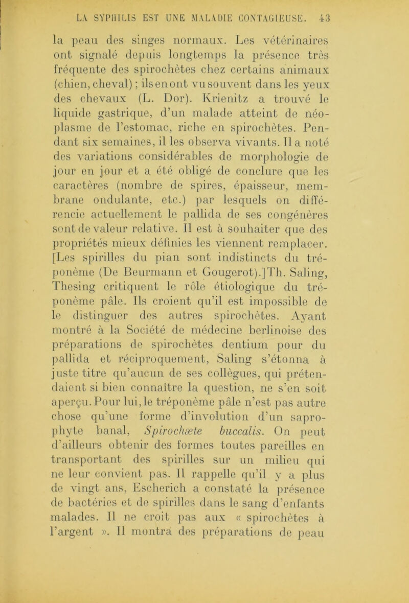 la peau des singes normaux. Les vétérinaires ont signalé depuis longtemps la présence très fréquente des spirochètes chez certains animaux (chien, cheval) ; ilsenont vu souvent dans les yeux des chevaux (L. Dor). Krienitz a trouvé le liquide gastrique, d’un malade atteint de néo- plasme de l’estomac, riche en spirochètes. Pen- dant six semaines, il les observa vivants. Il a noté des variations considérables do morphologie de jour en jour et a été obligé de conclure que les caractères (nombre de spires, épaisseur, mem- brane ondulante, etc.) par lesquels on diffé- rencie actuellement le pallida de ses congénères sont de valeur relative. 11 est à souhaiter que des propriétés mieux définies les viennent remplacer. [Les spirilles du pian sont indistincts du tré- ponème (De Beurmann et Gougerot).]Th. Saling, Thesing critiquent le rôle étiologique du tré- ponème pâle. Ils croient qu’il est impossible de le distinguer des autres spirochètes. Ayant montré à la Société de médecine berlinoise des préparations de spirochètes dentium pour du pallida et réciproquement, Saling s’étonna à juste titre qu’aucun de ses collègues, qui préten- daient si bien connaître la question, ne s’en soit aperçu. Pour lui,le tréponème pâle n’est pas autre chose qu’une forme d’involution d’un sapro- phyte banal, Spirochæte bucccilis. On peut d’ailleurs obtenir des formes toutes pareilles en transportant des spirilles sur un milieu qui ne leur convient pas. 11 rappelle qu’il y a plus de vingt ans, Escherich a constaté la présence de bactéries et de spirilles dans le sang d’enfants malades. Il ne croit pas aux « spirochètes à l’argent ». 11 montra des préparations de peau