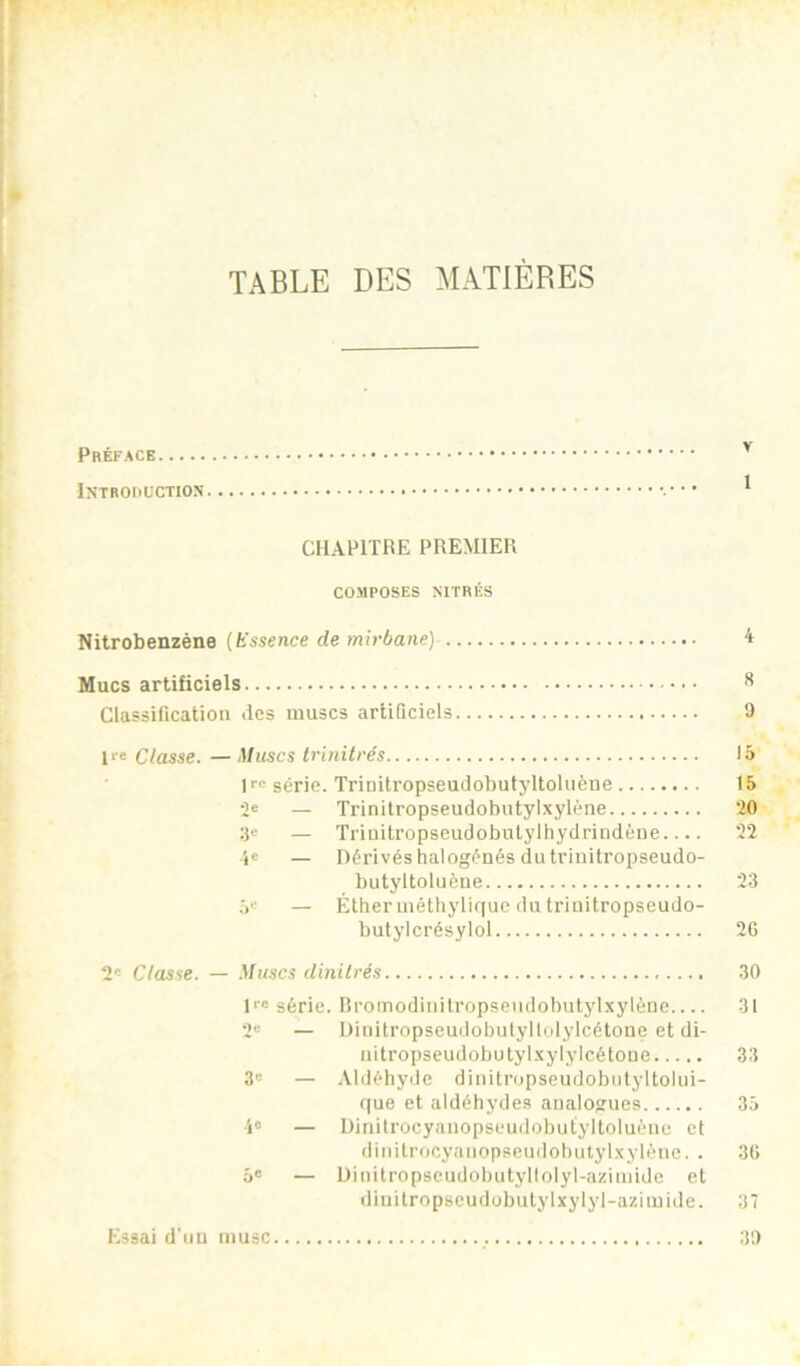 TABLE DES MATIÈRES Préface Introduction ^ CHAPITRE PREMIER COMPOSES NITRÉS Nitrobenzène (Essence de mirbane) 4 Mues artificiels ^ Classification des muscs artificiels 9 Classe. — Muscs trinitre's 15 !'•= série. Trinitropseudobutyltoluène 15 — Trinitropseudobntylxylène 20 3« — Triiiitropseudobulylhydrindène 22 i« — Dérivés halogénés du trinitropseudo- butyltoluène 23 5*^ — Éther inéthylique du trinitropseudo- butylcrésylol 2C 2' Classe. — Muscs dinilrés 30 U' série. Rromodiiiilropseiidobutylxylène 31 2' — Diiiitropseudobutyllolylcétoueetdi- nitropseudohutylxylylcétoue 33 3= — -Vldéhyde dinitropseudobiityltolui- que et aldéhydes analogues 35 — Diriilrocyanopseudobutyltoluèue et diiiitrocyanopseudobutylxylène. . 3(> 5* — Dinitropseudobutyllolyl-aziiuide et diuitropseudubulylxylyl-aziiuidc. 37 Essai d'uii musc 39