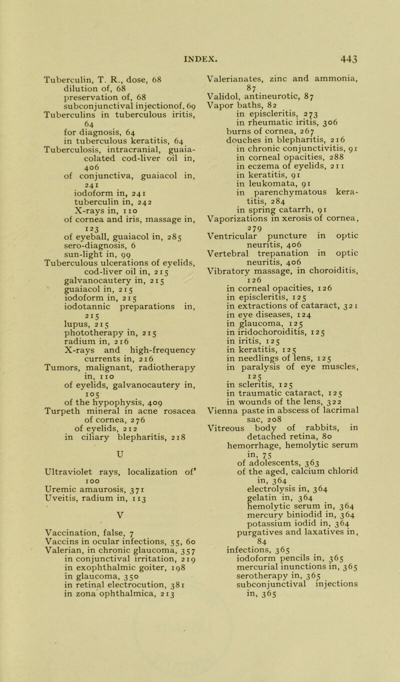Tuberculin, T. R., dose, 68 dilution of, 68 préservation of, 68 subconjunctival injectionof, 69 Tuberculins in tuberculous iritis, 64 for diagnosis, 64 in tuberculous keratitis, 64 Tuberculosis, intracranial, guaia- colated cod-liver oil in, 406 of conjunctiva, guaiacol in, 241 iodoform in, 241 tuberculin in, 242 X-rays in, 110 of cornea and iris, massage in, 123 of eyeball, guaiacol in, 285 sero-diagnosis, 6 sun-light in, 99 Tuberculous ulcérations of eyelids, cod-liver oil in, 215 galvanocautery in, 215 guaiacol in, 215 iodoform in, 215 iodotannic préparations in, 215 lupus, 215 phototherapy in, 215 radium in, 216 X-rays and high-frequency currents in, 216 Tumors, malignant, radiotherapy in, 110 of eyelids, galvanocautery in, io5 of the hypophysis, 409 Turpeth minerai in acné rosacea of cornea, 276 of eyelids, 212 in ciliary blepharitis, 218 U Ultraviolet rays, localization of’ 100 Urémie amaurosis, 371 Uveitis, radium in, 113 V Vaccination, false, 7 Vaccins in ocular infections, 55, 60 Valerian, in chronic glaucoma, 357 in conjunctival irritation, 219 in exophthalmic goiter, 198 in glaucoma, 350 in retinal electrocution, 381 in zona ophthalmica, 213 Valerianates, zinc and ammonia, 87 Validol, antineurotic, 87 Vapor baths, 82 in episcleritis, 273 in rheumatic iritis, 306 burns of cornea, 267 douches in blepharitis, 216 in chronic conjunctivitis, 91 in corneal opacities, 288 in eczema of eyelids, 211 in keratitis, 91 in leukomata, 91 in parenchymatous kera- titis, 284 in spring catarrh, 91 Vaporizations in xerosis of cornea, 2 79 Ventricular puncture m optic neuritis, 406 Vertébral trépanation in optic neuritis, 406 Vibratory massage, in choroiditis, 126 in corneal opacities, 126 in episcleritis, 125 in extractions of cataract, 32 t in eye diseases, 124 in glaucoma, 125 in iridochoroiditis, 125 in iritis, 125 in keratitis, 125 in needlings of lens, 125 in paralysis of eye muscles, I25 . in scleritis, 125 in traumatic cataract, 125 in wounds of the lens, 322 Vienna paste in abscess of lacrimal sac, 208 Vitreous body of rabbits, in detached retina, 80 hemorrhage, hemolytic sérum in, 75 of adolescents, 363 of the aged, calcium chlorid in, 364 e electrolysis in, 364 gelatin in, 364 hemolytic sérum in, 364 mercury biniodid in, 364 potassium iodid in, 364 purgatives and laxatives in, 84 infections, 365 iodoform pendis in, 365 mercurial inunctions in, 365 serotherapy in, 365 subconjunctival injections in, 365