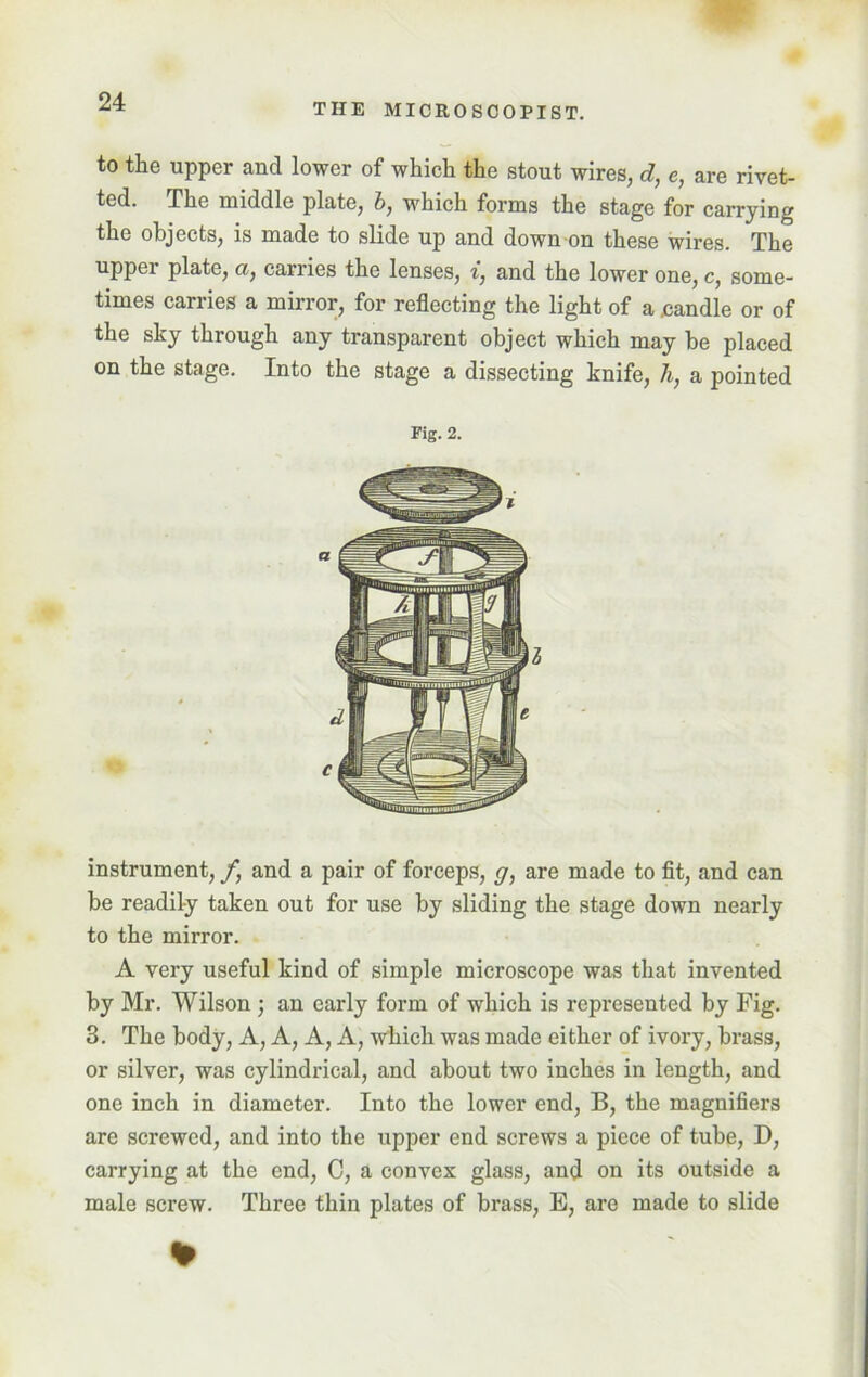 THE MICROSCOPIST. to the upper and lower of which the stout wires, d, e, are rivet- ted. The middle plate, b, which forms the stage for carrying the objects, is made to slide up and down on these wires. The upper plate, a, carries the lenses, t, and the lower one, c, some- times carries a mirror, for reflecting the light of a candle or of the sky through any transparent object which may be placed on the stage. Into the stage a dissecting knife, li, a pointed Fig. 2. instrument, /, and a pair of forceps, g, are made to fit, and can be readily taken out for use by sliding the stage down nearly to the mirror. A very useful kind of simple microscope was that invented by Mr. Wilson ; an early form of which is represented by Fig. 3. The body, A, A, A, A, which was made either of ivory, brass, or silver, was cylindrical, and about two inches in length, and one inch in diameter. Into the lower end, B, the magnifiers are screwed, and into the upper end screws a piece of tube, D, carrying at the end, C, a convex glass, and on its outside a male screw. Three thin plates of brass, E, are made to slide %