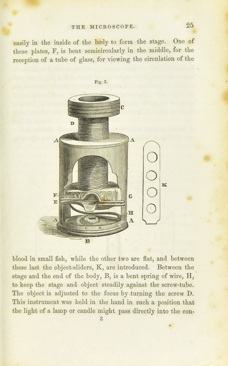 easily in the inside of the body to form the stage. One of these plates, F, is bent semicircularly in the middle, for the reception of a tube of glass, for viewing the circulation of the Pig. 3. blood in small fish, while the other two are flat, and between these last the object-sliders, K, are introduced. Between the stage and the end of the body, B, is a bent spring of wire, H, to keep the stage and object steadily against the screw-tube. The object is adjusted to the focus by turning the screw D. This instrument was held in the hand in such a position that the light of a lamp or candle might pass directly into the con-