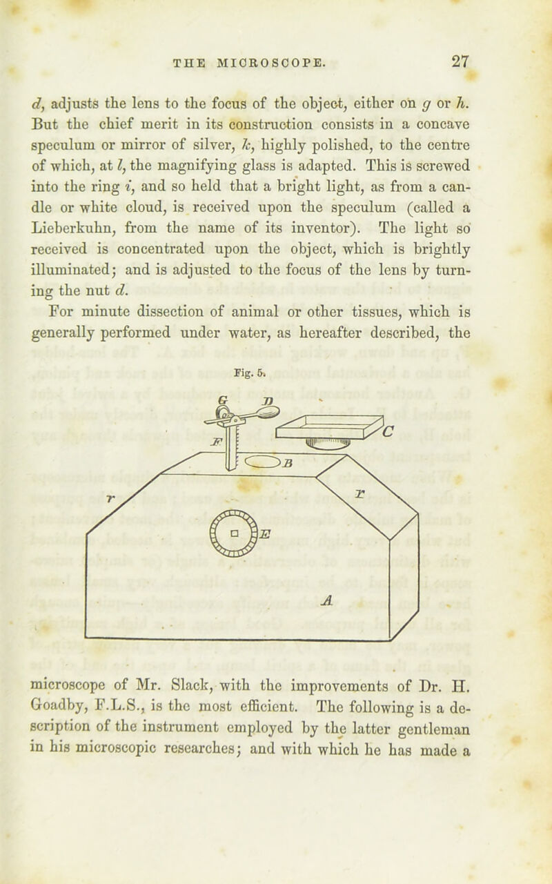 d, adjusts the lens to the focus of the object, either on g or h. But the chief merit in its construction consists in a concave speculum or mirror of silver, k, highly polished, to the centre of which, at l, the magnifying glass is adapted. This is screwed into the ring i, and so held that a bright light, as from a can- dle or white cloud, is received upon the speculum (called a Lieberkuhn, from the name of its inventor). The light so received is concentrated upon the object, which is brightly illuminated; and is adjusted to the focus of the lens by turn- ing the nut d. For minute dissection of animal or other tissues, which is generally performed under water, as hereafter described, the Pig. 5-. microscope of Mr. Slack, with the improvements of Dr. IT. Goadby, F.L.S., is the most efficient. The following is a de- scription of the instrument employed by the latter gentleman in his microscopic researches; and with which he has made a