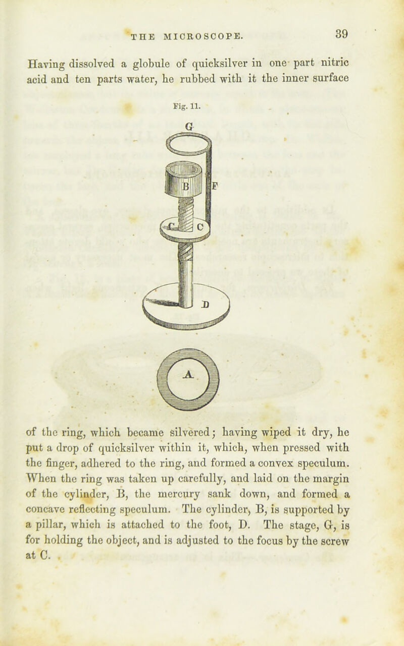 Having dissolved a globule of quicksilver in one part nitric acid and ten parts water, he rubbed with it tbe inner surface Fig. 11. G of the ring, which became silvered; having wiped it dry, he put a drop of quicksilver within it, which, when pressed with the finger, adhered to the ring, and formed a convex speculum. When the ring was taken up carefully, and laid on the margin of the cylinder, B, the mercury sank down, and formed a concave reflecting speculum. The cylinder, B, is supported by a pillar, which is attached to the foot, D. The stage, Gr, is for holding the object, and is adjusted to the focus by the screw at C. .