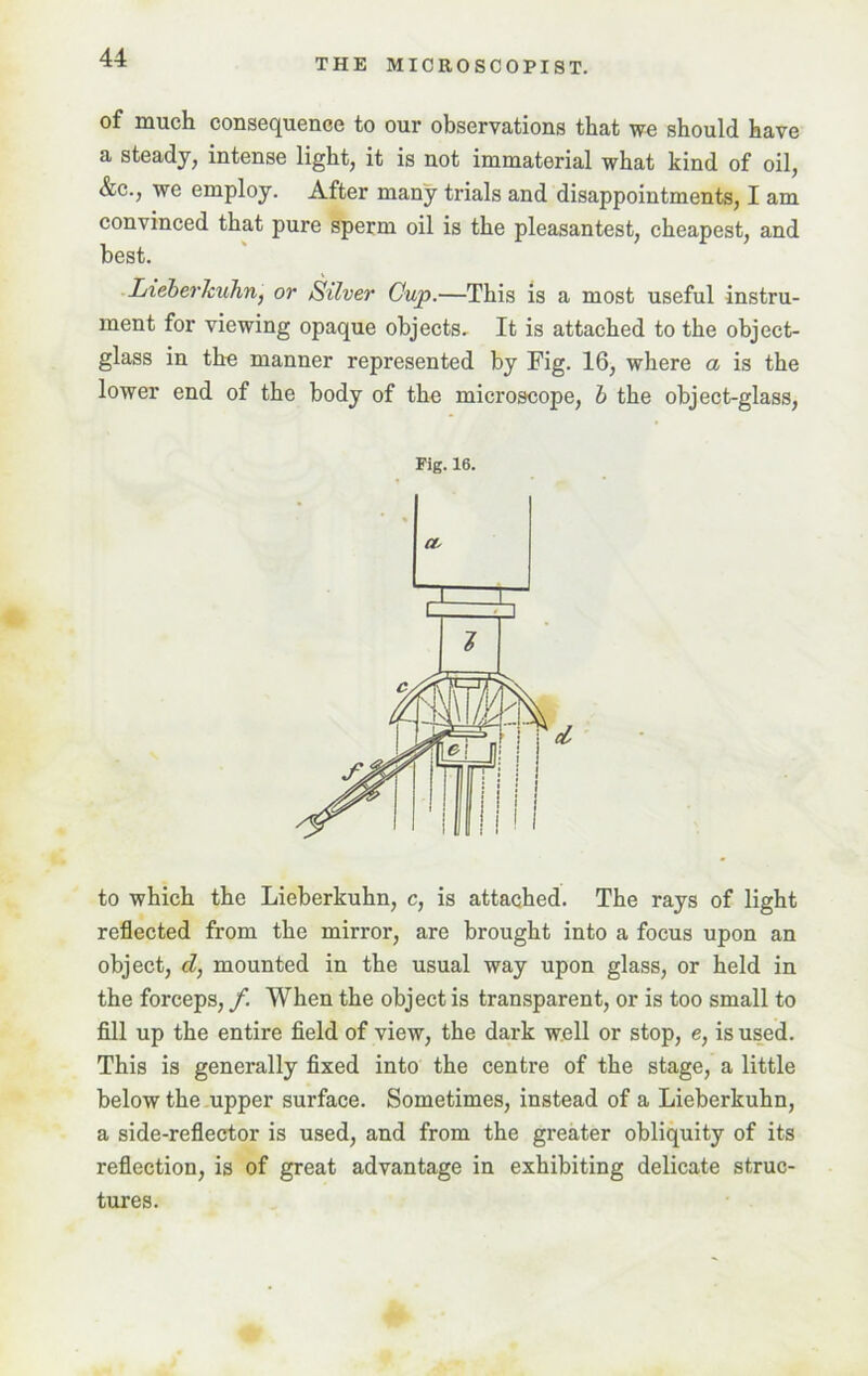 THE MICROSCOPIST. of much consequence to our observations that we should have a steady, intense light, it is not immaterial what kind of oil, &c., we employ. After many trials and disappointments, I am convinced that pure sperm oil is the pleasantest, cheapest, and best. Lieberkuhn, or Silver Cup.—This is a most useful instru- ment for viewing opaque objects. It is attached to the object- glass in tho manner represented by Fig. 16, where a is the lower end of the body of the microscope, b the object-glass, Pig. 16. d to which the Lieberkuhn, c, is attached. The rays of light reflected from the mirror, are brought into a focus upon an object, cl, mounted in the usual way upon glass, or held in the forceps, f. When the object is transparent, or is too small to fill up the entire field of view, the dark well or stop, e, is used. This is generally fixed into the centre of the stage, a little below the upper surface. Sometimes, instead of a Lieberkuhn, a side-reflector is used, and from the greater obliquity of its reflection, is of great advantage in exhibiting delicate struc- tures.