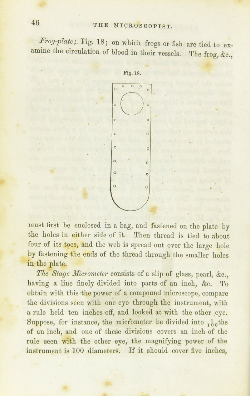 THE MICROSCOPIST. Frog-plate;, Fig. 18; on which frogs or fish are tied to ex- amine the circulation of blood in their vessels. The frog, &c., Fig. 18. must first be enclosed in a bag, and fastened on the plate by the holes in either side of it. Then thread is tied to about four of its toes, and the web is spread out over the large hole by fastening the ends of the thread through the smaller holes in the plate. The Stage Micrometer consists of a slip of glass, pearl, &c., having a line finely divided into parts of an inch, &c. To obtain with this the power of a compound microscope, compare the divisions seen with one eye through the instrument, with a rule held ten inches off, and looked at with the other eye. Suppose, for instance, the micrometer be divided into y^ths of an inch, and one of these divisions covers an inch of the rule seen with the other eye, the magnifying power of the instrument is 100 diameters. If it should cover five inches,