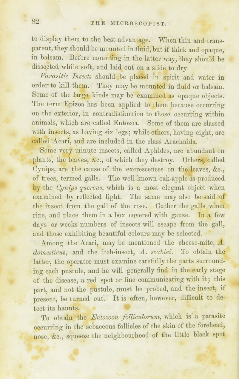 to display them to the hest advantage. When thin and trans- parent, they should he mounted in fluid, but if thick and opaque, in balsam. Before mounting in the latter way, they should be dissected while soft, and laid out on a slide to dry. Parasitic Insects should be placed in spirit and water in order to kill them. They may be mounted in fluid or balsam. Some of the large kinds may he examined as opaque objects. The term Epizoa has been applied to them because occurring on the exterior, in contradistinction to those occurring within animals, which are called Entozoa. Some of them are classed with insects, as having six legs; while others, having eight, are called Acari, and are included in the class Arachnida. Some very minute insects, called Ajfliides, are abundant on plants, the leaves, &c., of which they destroy. Others, called Cynips, are the cause of the excrescences on the leaves, &c., of trees, termed galls. The well-known oak-apple'is produced by the Cynips quercus, whieh is a most elegant ohje'ct when examined by reflected light. The same may also be said of the insect from the gall of the rose. Gather the galls when ripe, and place them in a box cQvered with gauze. In a few days or weeks numbers of insects will escape from the gall, and those exhibiting beautiful colours may be selected. Among the Acari, may be mentioned the cheese-mite, A. domesticus, and the itch-insect, A. scabiei. To obtain the latter, the operator must examine carefully the parts surround- ing each pustule, and he will genprally find in the early stage of the disease, a red spot or line communicating with it; this part, and not the pustule, must be probed, and the insect, if present, be turned out. It is ■ often, however, difficult to de- tect its haunts. To obtain the Entozoon follicv.hrum, which is a parasite occurring in the sebaceous follicles of the skin of the forehead, nose, &c., squeeze the neighbourhood of the little black spot