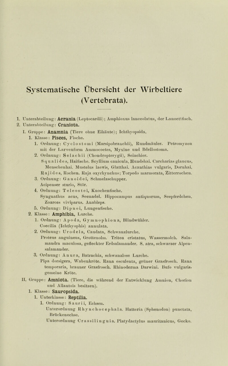 Svstematische Ubersicht der Wirbeltiere (Vertebrata). 1. Unterabteilung: Aerania (Leptocavdii); Amphioxus lanceolatus, der Lanzetttisch. 2. Unterabteilung: Craniota. I. Gruppe: An&mnia (Tieve ohne Eihaute); Ichthyopsida. 1. Klasse: Pisces, Fische. 1. Ordnung: Cyclostomi (Marsipobranehii), Rundmauler. Petromyzon mit der Larvenform Ammocoetes, Myxine und Bdellostoma. 2. Ordnung: Selachii (Chondropterygii), Selachier. S q u a 1 i d e s, Haitische. Scyllium eanicula, Hundsbai. Carcharias glaucus, Menschenhai. Mustelus laevis, Glattliai. Acantbias vulgaris, Dornliai. Raj ides, Roclien. Raja oxyrbyncbus; Torpedo marmorata, Zitterroclien. 3. Ordnung: Ganoidei, Scbmelzschupper. Acipenser sturio, Stor. 4. Ordnung: Teleostei, Knochenfische. Syngnatbus acus, Seenadel. Hippocampus antiquorum, Seepferdcben. Zoarces viviparus. Anableps. 5. Ordnung: Dipnoi, Lungentische. 2. Klasse : Amphibia, Lurche. 1. Ordnung: A p o d a, Gymnopbion a, Blindwiihler. Coecilia (Icbtbyopbis) annulata. 2. Ordnung: Ur o del a, Caudata, Scbwanzlurcbe. Proteus anguineus, Grotteuolm. Triton cristatus, Wassermolcli. Sala- mandra maculosa, gefleckter Erdsalamander. S. atra, schwarzer Alpen- salamander. 3. Ordnung: Anura, Batracbia, scbwanzlose Lurche. Pipa dorsigera, Wabenkrote. Rana esculenta, griiner Grasfroscli. Rana temporaria, brauner Grasfroseh. Rbinoderma Darwini. Bufo vulgaris> gemeine Krote. II. Gruppe: Amniota. (Tiere, die wabrend der Entwicldung Amnion, Chorion und Allantois besitzen). 1. Klasse: Sauropsida. 1. Unterklasse: Reptilia. 1. Ordnung: Saurii, Ecbsen. Unterordnung Rbyncbocepbala. Hatteria (Spbenodon) punctata, Briickenecbse. Unterordnung C r a s si 1 i n g u i a. Platydactylus mauritanicus, Gecko.