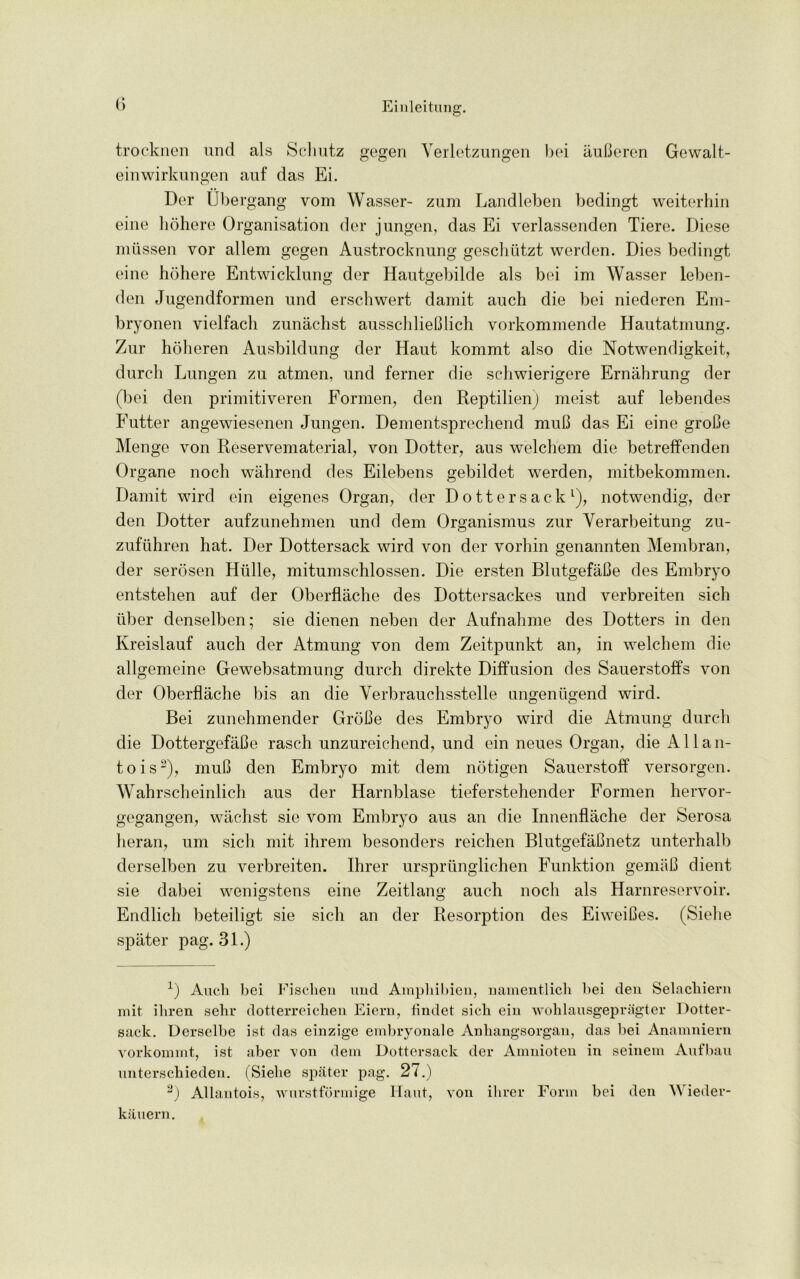 trocknen und als Schutz gegen Yerlotzungen bei auBeren Gewalt- einwirkungen auf das Ei. Der Ubergang vom Wasser- zum Landleben bedingt weiterhin eine hohere Organisation der j ungen, das Ei verlassenden Tiere. Diese miissen vor allem gegen Austrocknnng geschiitzt werden. Dies bedingt eine hohere Entwicklung der Hautgebilde als bei im Wasser leben- den Jugendformen und erschwert danrit auch die bei niederen Em- bryonen vielfach zunachst ausschlieBlich vorkommende Hautatmung. Zur hoheren Ausbildung der Haut kommt also die Notwendigkeit, durch Lungen zu atmen, und ferner die schwierigere Ernahrung der (bei den primitiveren Formen, den Reptilien) meist auf lebendes Futter angewiesenen Jungen. Dementsprechend muB das Ei eine groBe Menge von Reservematerial, von Dotter, aus welchem die betretfenden Organe noch wahrend des Eilebens gebildet werden, mitbekommen. Damit wird ein eigenes Organ, der D otter sackl), notwendig, der den Dotter aufzunehmen und dem Organismus zur Verarbeitung zu- zufiihren hat. Der Dottersack wird von der vorhin genannten Membran, der serosen Hlille, mitumschlossen. Die ersten BlutgefaBe des Embryo entstehen auf der Oberflache des Dottersackes und verbreiten sich iiber denselben; sie dienen neben der Aufnahme des Dotters in den Kreislauf auch der Atmung von dem Zeitpunkt an, in welchem die allgemeine Gewebsatmung durch direkte Diffusion des Sauerstoffs von der Oberflache bis an die Verbrauchsstelle ungen iigend wird. Bei zunehmender GroBe des Embryo wird die Atmung durch die DottergefaBe rasch unzureichend, und ein neues Organ, die Allan- tois2), muB den Embryo mit dem notigen Sauerstoff versorgen. Wahrscheinlich aus der Harnblase tieferstehender Formen hervor- gegangen, wachst sie vom Embryo aus an die Innenflache der Serosa heran, um sich mit ihrem besonders reichen BlutgefaBnetz unterhalb derselben zu verbreiten. Direr urspriinglichen Funktion gemiiB dient sie dabei wenigstens eine Zeitlang auch noch als Harnreservoir. Endlich beteiligt sie sich an der Resorption des EiweiBes. (Siehe spater pag. 31.) 1) Auch bei Fischen uud Ampliibieu, namentlicli bei den Selacliiern mit iliren sehr dotterreichen Eiern, findet sich ein wohlausgepragter Dotter- sack. Derselbe ist das einzige embryonale Anhangsorgan, das bei Anamniern vorkommt, ist aber von dem Dottersack der Ainnioten in seinem Aufbau unterschieden. (Siehe spater pag. 27.) 2) Allantois, wurstformige Haut, von ilirer Form bei den Wieder- kauern.