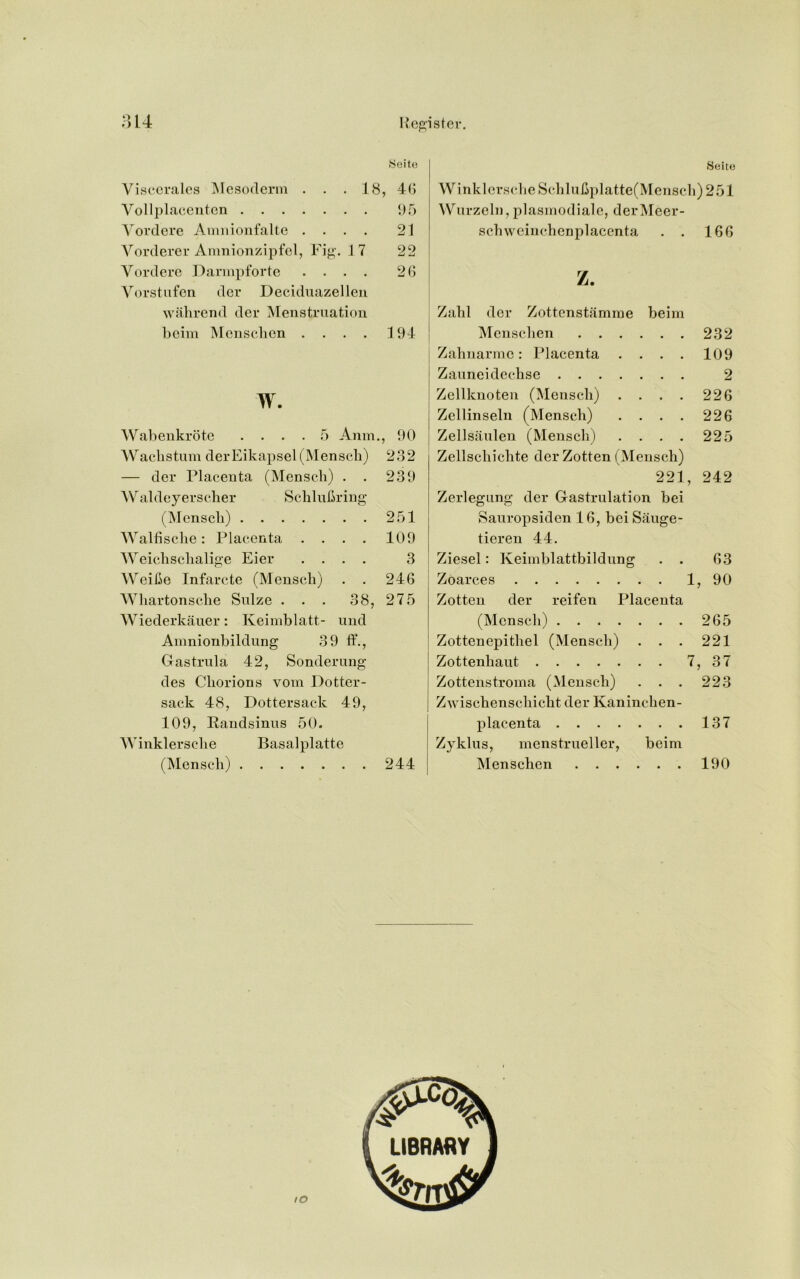 iSeito Viscerates Mesoderm . . . 18, 46 Vollplacenten 95 Vordcre Amnionfalte .... 21 Vorderer Amnionzipfel, Fig. 17 22 Vordere Darmpforte .... 2G Vorstufcn der Deciduazelleu wahrend der Menstruation bcim Mensclien .... 194 w. Wabenkrote .... 5 Anm., 90 Wachstum derEikapsel(Mensch) 232 — der Placenta (Mensch) . . 239 Waldeyerscher Schlubring (Mensch) 251 Walfische: Placenta .... 109 Weichscbalige Eier .... 3 Weifie Infarcte (Mensch) . . 246 Whartonsche Sulze . . . 38, 275 Wiederkauer: Keimblatt- und Amnionbildung 39 ff., Gastrula 42, Sonderung des Chorions vom Dotter- sack 48, Dottersack 49, 109, Randsinus 50. Winklersclie Basalplatte (Mensch) 244 Seito WinklerscheSchluUplatte(Menscb)251 Wurzeln,plasmodiale, derMeer- schweinchcnplacenta . . 166 z. Zalil dor Zottenstamme beim Mensclien 232 Zahnarmc: Placenta .... 109 Zauneidechse 2 Zellknoten (Mensch) . . . . 226 Zellinseln (Mensch) .... 226 Zellsaulen (Mensch) .... 225 Zcllschichte der Zotten (Mensch) 221, 242 Zerlegung der G-astrulation bei Sauropsiden 16, bei Sauge- tieren 44. Ziesel: Keimblattbildung . . 63 Zoarces 1, 90 Zotten der reifen Placenta (Mensch) 265 Zottenepithel (Mensch) . . . 221 Zottenhaut 7, 37 Zottenstroma (Mensch) . . . 223 Zwischenscliicht der Kaninchen- placenta 137 Zykins, menstrueller, beim Mensclien 190