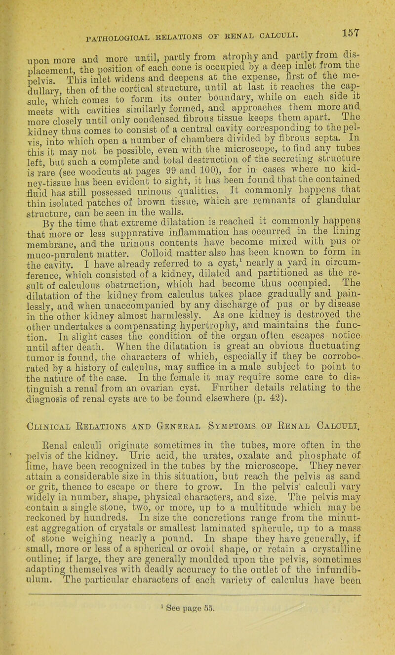 upon more and more until, partly from atrophy and partly fiom dis- placement, the position of each cone is occupied by a deep inlet from the pelvis This inlet widens and deepens at the expense, first of the me- dullary then of the cortical structure, until at last it reaches the cap- sule which comes to form its outer boundary, while on each side it meets with cavities similarly formed, and approaches them more and more closely until only condensed fibrous tissue keeps them apart. The kidney thus comes to consist of a central cavity corresponding to the pel- vis into which open a number of chambers divided by fibrous septa. In this it may not be possible, even with the microscope, to find any tubes left but such a complete and total destruction of the secieting stiuctuie is rare (see woodcuts at pages 99 and 100), for in cases where no kid- ney-tissue has been evident to sight, it has been found that the contained fluid has still possessed urinous qualities. It commonly happens that thin isolated patches of brown tissue, which are remnants of glandular structure, can be seen in the walls. By the time that extreme dilatation is reached it commonly happens that more or less suppurative inflammation has occurred in the lining membrane, and the urinous contents have become mixed with pus oi muco-purulent matter. Colloid matter also has been known to form in the cavity. I have already referred to a cyst, nearly a yaid in ciicum- ference, which consisted of a kidney, dilated and partitioned as the le- sult of calculous obstruction, which had become thus occupied. The dilatation of the kidney from calculus takes place gradually and pain- lessly, and when unaccompanied by any discharge of pus or by disease in the other kidney almost harmlessly. As one kidney is destroyed the other undertakes a compensating hypertrophy, and maintains the func- tion. In slight cases the condition of the organ often escapes notice until after death. When the dilatation is great an obvious fluctuating tumor is found, the characters of which, especially if they be corrobo- rated by a history of calculus, may suffice in a male subject to point to the nature of the case. In the female it may require some care to dis- tinguish a renal from an ovarian cyst. Further details relating to the diagnosis of renal cysts are to be found elsewhere (p. 42). Clinical Relations and General Symptoms of Renyl Calculi. Renal calculi originate sometimes in the tubes, more often in the pelvis of the kidney. Uric acid, the urates, oxalate and phosphate of lime, have been recognized in the tubes by the microscope. They never attain a considerable size in this situation, but reach the pelvis as sand or grit, thence to escape or there to grow. In the pelvis' calculi vary widely in number, shape, physical characters, and size. The pelvis may contain a single stone, two, or more, up to a multitude which may be reckoned by hundreds. In size the concretions range from the minut- est aggregation of crystals or smallest laminated spherule, up to a mass of stone weighing nearly a pound. In shape they liavo generally, if small, more or less of a spherical or ovoid shape, or retain a crystalline outline; if large, they are generally moulded upon the pelvis, sometimes adapting themselves with deadly accuracy to the outlet of the infundib- ulum. The particular characters of each variety of calculus have been 1 See page 55.