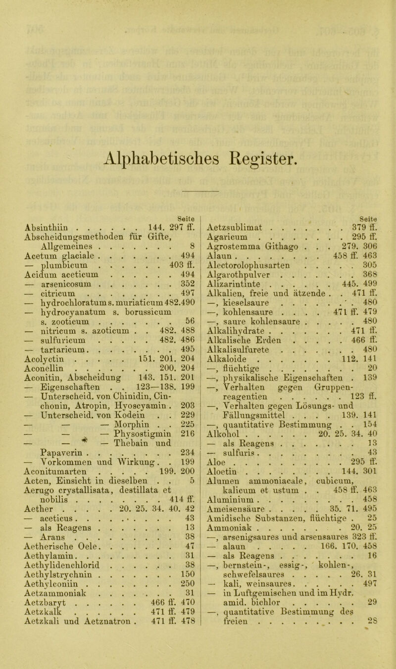 Alphabetisches Register Seite Absinthiin 144. 297 ff. Abscheidungsmethoden für Gifte, Allgemeines 8 Acetum glaciale 494 — plumbicum 403 fl. Acidum aceticum 494 — arsenicosum 352 — citricum 497 — hydrochloratum s. muriaticum 482.490 — hydrocyanatum s. borussicum s. zooticum 56 — nitricum s. azoticum . . 482. 488 — sulfuricum 482. 486 — tartaricum 495 Acolyctin 151. 201. 204 Aconellin 200. 204 Aconitin, Abscheidung 143. 151. 201 — Eigenschaften . . 123—138. 199 — Unterscheid, von Chinidin, Cin- chonin, Atropin, Hyoscyamin. 203 — Unterscheid, von Kodein . . 229 — — — Morphin . . 225 — — — Physostigmin 216 — — ^ — Thebain und Papaverin 234 — Vorkommen und Wirkung. . 199 Aconitumarten 199. 200 Acten, Einsicht in dieselben . . 5 Aerugo crystallisata, destillata et nobilis 414 ff. Aether 20. 25. 34. 40. 42 — aceticus * . . . . 43 — als Reagens 13 — Arans 38 Aetherische Oele 47 Aethylamin 31 Aethylidenchlorid 38 Aethylstrychnin 150 Aethylconiin 250 Aetzammoniak 31 Aetzbaryt 466 fl*. 470 Aetzkalk 471 tii 479 Aetzkali und Aetznatron . 471 ff. 478 Seite Aetzsublimat 379 ff. Agaricum 295 ff. Agrostemma Githago . . . 279. 306 Alaun 458 ff. 463 Alectorolophusarten 305 Algarothpulver 368 Alizarintinte 445. 499 Alkalien, freie und ätzende . . 471 ff. —, kieselsaure ' . 480 —, kohlensaure . . . . 471 ff. 479 —, saure kohlensaure 480 Alkalihydrate 471 ff. Alkalische Erden 466 ff. Alkalisulfurete 480 Alkaloide 112. 141 —, flüchtige 20 —, physikalische Eigenschaften . 139 —, Verhalten gegen Gruppen- reagentien 123 ff. —, Verhalten gegen Lösungs- und Fällungsmittel .... 139. 141 —, quantitative Bestimmung . . 154 Alkohol 20. 25. 34. 40 — als Reagens 13 — sulfuris 43 Aloe 295 ff. Aloetin 144. 301 Alumen ammoniacale, cubicum, kalicum et ustum . . 458 ff. 463 Aluminium 458 Ameisensäure 35. 71. 495 Amidische Substanzen, flüchtige . 25 Ammoniak . 20. 25 —, arsenigsaures und arsensaures 323 ff — alaun 166. 170. 458 — als Reagens 16 —, bernstein-, essig-, kohlen-, schwefelsaures 26. 31 — kali, weinsaures 497 — in Luftgemischen und im Hvdr. amid. bichlor 29 —, quantitative Bestimmung des freien 2S