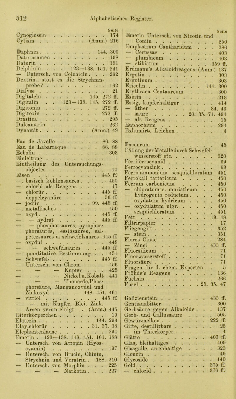 Seite Cynoglossin 174 Cytisin (Anm.) 216 Daphnin 144. 300 Daturasamen 198 Daturin 191 Delphinin . . . 123 — 138. 151. 241 — Untersch. von Colchicin. . . 262 Dextrin, stört es die Strychnin- probe? 162 Dialyse 21 Digitalein 145. 272 ff. Digitalin . . 123 — 138. 145. 272 ff. Digitonin 272 ff. Digitoxin 272 ff. Drastica 295 Dulcamarin 262 Dynamit (Anm.) 49 Seite Emetin Untersch. von Nicotin und Coniin 250 Emplastrum Cantharidum . . . 286 — Cerussae 403 •— plumbicum 403 — stibiatum 359 ff. Erdmann’s Alkaloidreagens (Anm.) 137 Ergotin 303 Evgotinum 303 Ericolin 144. 300 Erythraea Centaureum .... 300 Eserin 213 Essig, kupferhaltiger 414 — äther 34. 43 — säure 20. 35. 71. 494 — als Reagens 15 Euphorbium 294 Exhumirte Leichen 4 Eau de Javelle 86. 88 Eau de Labarraque .... 86. 88 Ecbolin 303 Einleitung 1 Eintheilung des Untersuchungs- objectes 10 Eisen 445 ft’. —, basisch kohlensaures .... 450 — chlorid als Reagens .... 17 — chlorür 445 ff. — doppelcyanüre 56 ff. — jodür 99. 445 ff. —, metallisches 450 — oxyd 445 ff. — — hydrat 445 ff. — — phosphorsaures, pyrophos- phorsaures, essigsaures, sal- petersaures u. schwefelsaures 445 ff. — oxydul 448 — — schwefelsaures . . 445 ff. — quantitative Bestimmung . . 451 — Schwefel- 445 ff. — Untersch. von Chrom . . . 456 — — — Kupfer . . . 425 — — — Nickel u.Kobalt 441 — — — Thonerde,Phos- phorsäure, Manganoxydul und Zinkoxyd .... 448. 451. 461 — vitriol 445 ff. — — mit Kupfer, Blei, Zink, Arsen verunreinigt . (Anm.) 445 Eiterkörperchen 19 Elaterin 144. 296 Elaylchlorür 31. 37. 38 Elephantenläuse 294 Emetin . 123—138. 148. 151. 161. 188 — Untersch, von Atropin (Hyos- cvamin) 197 — Untersch. von Brucin, Chinin, Strychnin und Yeratrin . 188. 210 — Untersch. von Morphin . . . 225 — — — Narkotin. . . 227 Faconrum 45 Fällung der Metalle durch Schwefel- wasserstoff etc 320 Ferriferrocyanid 69 Ferrocyanzink 69 Ferro-ammonium sesquichloratum 451 Ferrokali tartaricum 450 Ferrum carbonicum 450 — chloratum s. muriaticum . . 450 — hydrogenio reductum.... 450 — oxydatum kydricum .... 450 — oxydulatum nigr 450 — sesquichloratum 451 Fett. 19. 48 Filtrirpapier 17 Fliegengift 352 — stein 351 Flores Cinae 284 — Zinci 433 ff. Fluorsilicum 71 Fluorwasserstoff 71 Fluorsäure 71 Fragen für d. ehern. Experten . 5 Fröhde’s Reagens 136 Fuchsin 266 Fusel 25. 35. 47 Galizienstein 433 ff. Gentianabitter 300 Gerbsäure gegen Alkaloide . . . 137 Gerb- und Gallussäure .... 505 Gewürznelken 222 ff. Gifte, destillirbare ...... 25 — im Thierkörper 4 Glätte 403 ff. Glas, bleihaltiges 409 Glasgalle, arsenhaltige .... 323 Glonoiu 49 Glycoside 140 Gold 375 ff. — chlorid 376 ff.