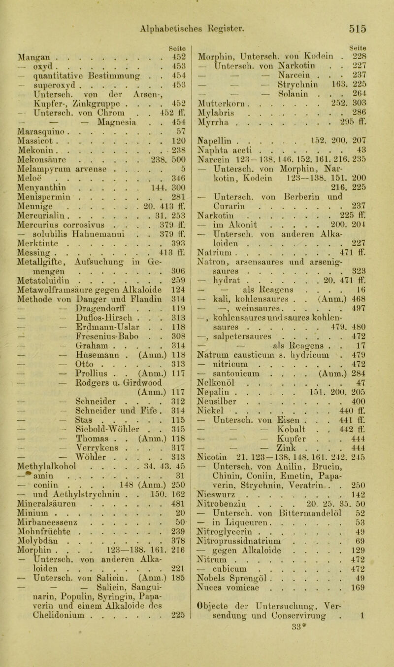 Seite Mangan 452 — oxyd . 453 quantitative Bestimmung . . 454 Superoxyd 453 Unterseh. von der Arsen-, Kupfer-, Zinkgruppe .... 452 Untersch. von Chrom . . 452 ff. — — Magnesia . . 454 Marasquino 57 Massicot 120 Mekoniu 238 Mekonsäure 238. 500 Melampyrum arvensc 5 Meloe 346 Menyanthin 144. 300 Menispermin 281 Mennige 20. 413 ff. Mercurialin 31. 253 Mercurius corrosivus .... 379 ff. — solubilis Iiahnemanni . . 379 ff. Merktinte 393 Messing 413 ff. Metallgifte, Aufsuchung in Ge- mengen 306 Metatoluidin 259 Metawolframsaure gegen Alkaloide 124 Methode von Danger und Flandin 314 — Dragendorff . . . 119 — Duflos-Hirsch . . . 313 — Erdmann-Uslar . . 118 Fresenius-Babo . . 308 Graham 314 — Husemann . (Aum.) 118 — Otto 313 — Prollius . . (Anm.) 117 — Rodgers u. Girdwood (Anm.) 117 — Schneider . . . . 312 Schneider und Fife . 314 — Stas 115 — Siebold-AVöhler . . 315 — Thomas . . (Anm.) 118 — Verrykens . . . . 317 — Wöhler 313 Methylalkohol 34. 43. 45 —Äamin 31 — coniin .... 148 (Anm.) 250 — und Aethylstrychnin . . 150. 162 Mineralsäuren 481 Minium 20 Mirbaneessenz 50 Mohn friichte 239 Molybdän 378 Morphin .... 123—138. 161. 216 — Untersch. von anderen Alka- loiden 221 — Untersch. von Salicin. (Anm.) 185 — — — Salicin, Sangui- narin, Populin, Syringin, Papa- verin und einem Alkaloide des Chelidonium 225 Morphin, Untersch. von Kodein . Untersch. von Narkotin — — — Narcein . . . — Strychnin 163 — — Solanin . . . Mutterkorn 252 Mylabris 286 Myrrha 295 ff. Seite 228 227 237 225 264 303 Napellm 152. 200. 207 Naphta aceti 43 Narcein 123- 138. 146. 152. 161. 216. 235 — Untersch. von Morphin, Nar- kotin, Kodein 123—138. 151. 200 216. 225 — Untersch. von Berberiu und Curarin 237 Narkotin 225 ff. — im Akonit 200. 201 — Untersch. von anderen Alka- loiden 227 Natrium 471 ff. Natron, arsensaures und arsenig- saures 323 — hydrat 20. 471 ff. — — als Reagens .... 16 — kali, kohlensaures . . (Anm.) 468 — —, vveinsaures 497 —, kohlensaures und saures kohlen- saures 479. 480 —, salpetersaures 472 — — als Reagens . . 17 Natrum causticum s. hydricum . 479 — nitricum 472 (Anm.) 284 ... 47 151. 200. 205 ... 400 . . 440 ff. . . 441 ff*. . . 442 ff. ... 444 ... 444 — santonicum . . Nelkenöl Nepalin Neusilber Nickel — Untersch. von Eisen — — — Kobalt — — — Kupfei — — — Zink Nicotin 21. 123 — 138. 148. 161. 242. 245 — Untersch. von Anilin, Britein, Chinin, Coniin, Emetin, Papa- verin, Strychnin, Yeratrin . . 250 Nieswurz 142 Nitrobenzin .... 20. 25. 35. 50 — Untersch. von Bittermandelöl 52 — in Liqueuren 53 Nitroglycerin 49 Nitroprussidnatrium 69 — gegen Alkaloide 129 Nitrum 472 — cubicum 472 Nobels Sprengöl 49 Nuces vomicae 169 Objecte der Untersuchung, Ver Sendung und Conservirung 33*