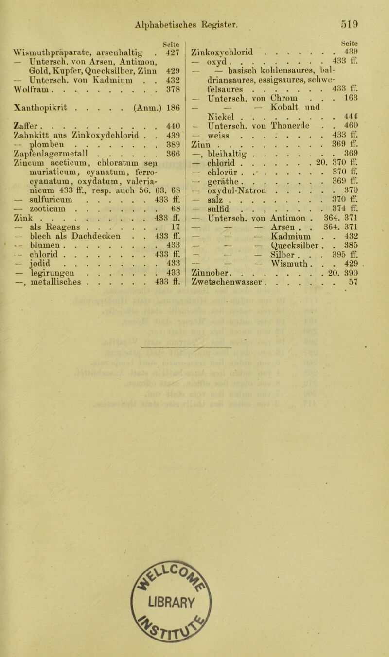 Seite 1 Wismuthpräparate, arsenhaltig . 427 — Untersch. von Arsen, Antimon, Gold,Kupfer, Quecksilber, Ziun 429 — Untersch. von Kadmium . . 432 Wolfram 378 Xanthopikrit (Anm.) 186 Zaft’er 440 Zahnkitt aus Zinkoxydchlorid . . 439 — jjlomben 389 Zapfenlagermetall 366 Zincnui aceticum, chloratum seji muriaticum, cvanatum, ferro* cyanatum, oxydatum, valeria- nicum 433 ft'., resp. auch 56. 63. 68 — sulfuricum 433 ft*. — zooticum 68 Zink 433 ft‘. — als Reagens 17 — blech als Dachdeckeu . . 433 ff. — blumen 433 - chlorid 433 ft'. — jodid 433 — legirungen 433 —, metallisches 433 ff. Zin koxychlorid Seite . . 439 — . — basisch kohleusaures, bal- driansaures, essigsaures, sch we- felsaures . . . 433 fl'. — Untersch. von Chrom . . 163 — Kobalt und Nickel . . . . . 444 — Untersch. von Thonerde . . 460 — weiss . . Zinn bleihaltig . . . . 369 chlorid . . . — chlorür . . . — geräthe. . . • • • • . 369 ff. — oxydul-Natrou — salz .... — sulrtd . . , • • • • . 374 ff. — Untersch. von Antimon . 364. 371 — Arsen . . 364. 371 — —1 Kadmium . . 432 — — — Quecksilber . . 385 — — — Silber . . . 395 ff. — — — Wismuth . . . 429 Zinnober. . . . . 20. 390 Zwetschenwasser . . . 57