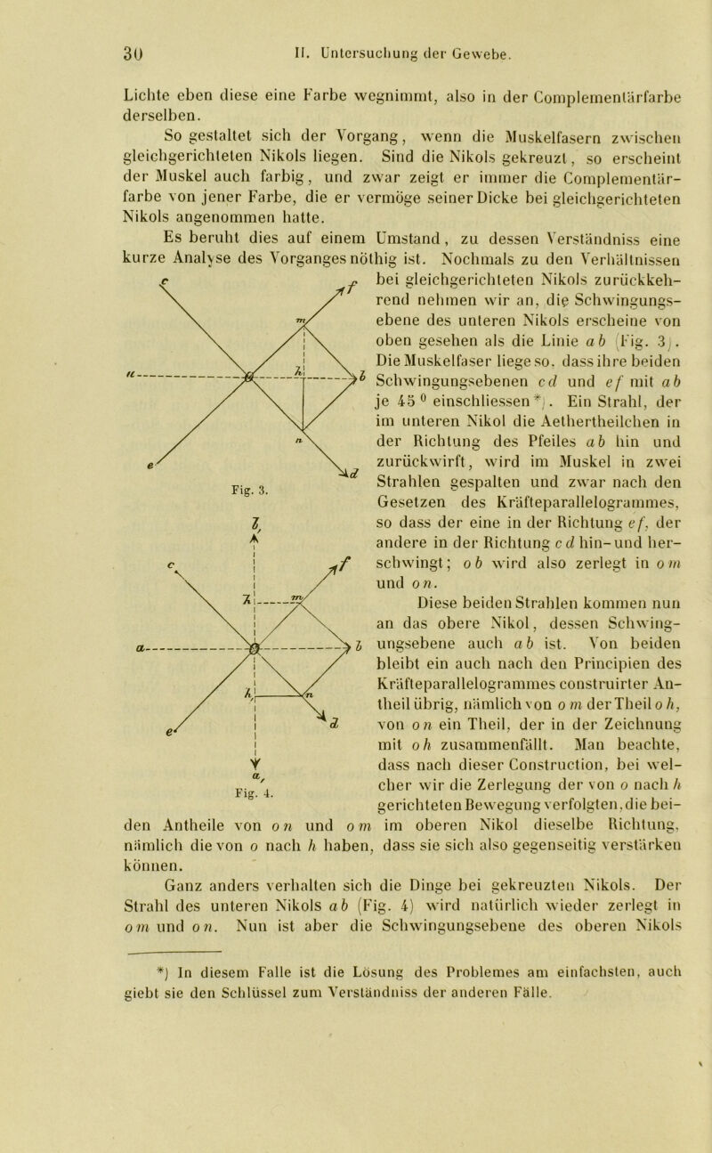 Fig. 3. Lichte eben diese eine Farbe wegnimmt, also in der Complementärfarbe derselben. So gestaltet sich der Vorgang, wenn die Muskelfasern zwischen gleichgerichteten Nikols liegen. Sind die Nikols gekreuzt, so erscheint der Muskel auch farbig, und zwar zeigt er immer die Complementär- farbe von jener Farbe, die er vermöge seiner Dicke bei gleichgerichteten Nikols angenommen hatte. Es beruht dies auf einem Umstand, zu dessen Verständniss eine kurze Analyse des Vorgangesnöthig ist. Nochmals zu den Verhältnissen bei gleichgerichteten Nikols zurückkeh- rend nehmen wir an, die Schwingungs- ebene des unteren Nikols erscheine von oben gesehen als die Linie ab Fig. 3 . Die Muskelfaser liege so. dass ihre beiden Schwingungsebenen cd und ef mit ah je 45 0 einschliessen*). Ein Strahl, der im unteren Nikol die Aethertheilehen in der Richtung des Pfeiles ab hin und zurückwirft, wird im Muskel in zwei Strahlen gespalten und zwar nach den Gesetzen des Kräfteparallelogrammes, so dass der eine in der Richtung ef, der andere in der Richtung cd hin-und her- schwingt; ob wird also zerlegt in om und on. Diese beiden Strahlen kommen nun an das obere Nikol, dessen Schwing- ungsebene auch ab ist. Von beiden bleibt ein auch nach den Principien des Kräfteparallelogrammes construirter An- tlieil übrig, nämlich von o m der Theil o h, von on ein Theil, der in der Zeichnung mit oh zusammenfällt. Man beachte, dass nach dieser Construction, bei wel- cher wir die Zerlegung der von o nach h gerichteten Bewegung verfolgten, die bei- den Antheile von o n und o m im oberen Nikol dieselbe Richtung, nämlich die von o nach h haben, dass sie sich also gegenseitig verstärken können. Ganz anders verhalten sich die Dinge bei gekreuzten Nikols. Der Strahl des unteren Nikols ab (Fig. 4) wird natürlich wieder zerlegt in om und on. Nun ist aber die Schwingungsebene des oberen Nikols *) ln diesem Falle ist die Lösung des Problemes am einfachsten, auch giebt sie den Schlüssel zum Verständniss der anderen Fälle.